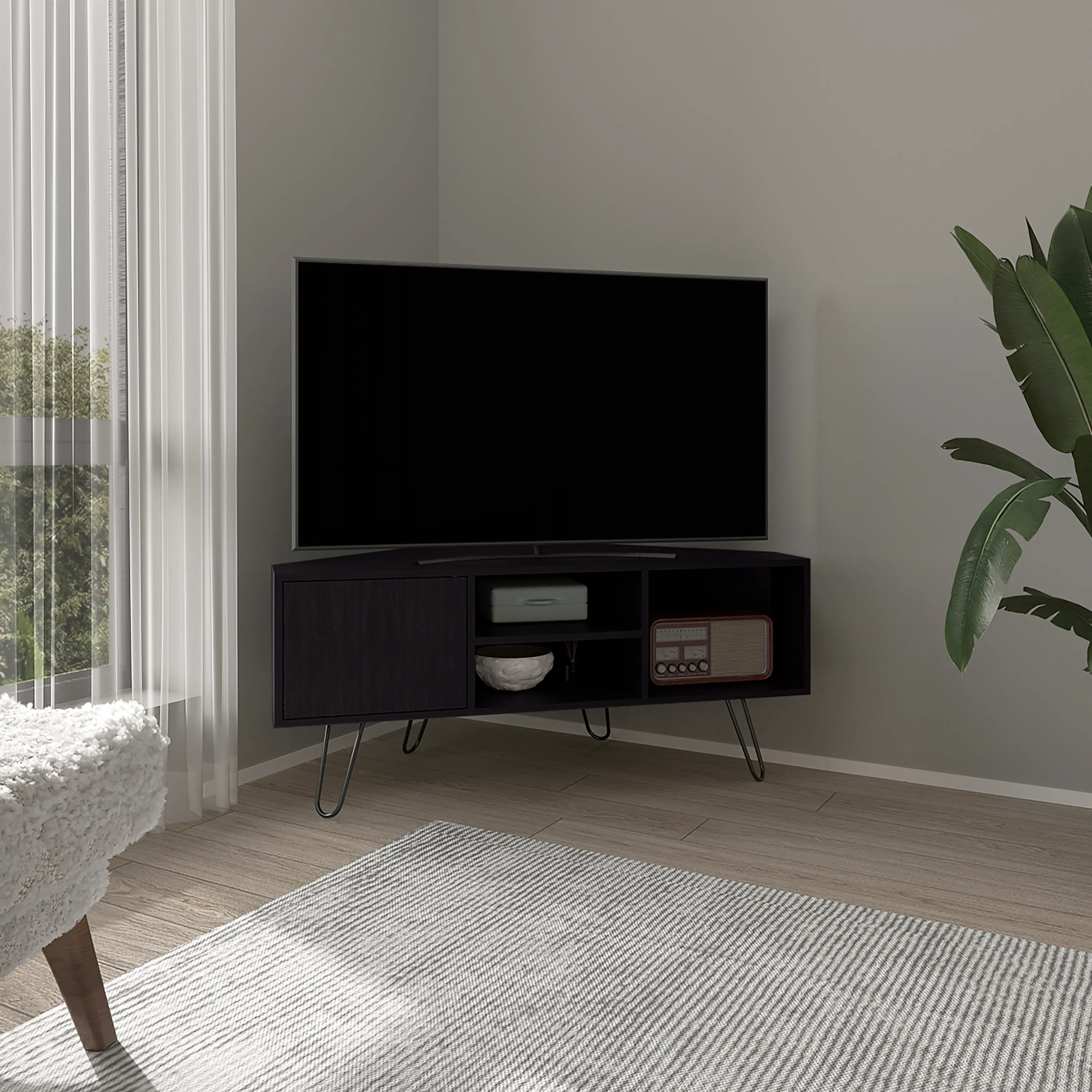 Nokaa TV Stand with 1 Door and 3 Open Shelves, Black Engineered Wood Entertainment Center, 4-Leg Media Console for Living Room, Compact Storage Cabinet, 45.3W x 21.7D x 19.7H, Ready to Assemble