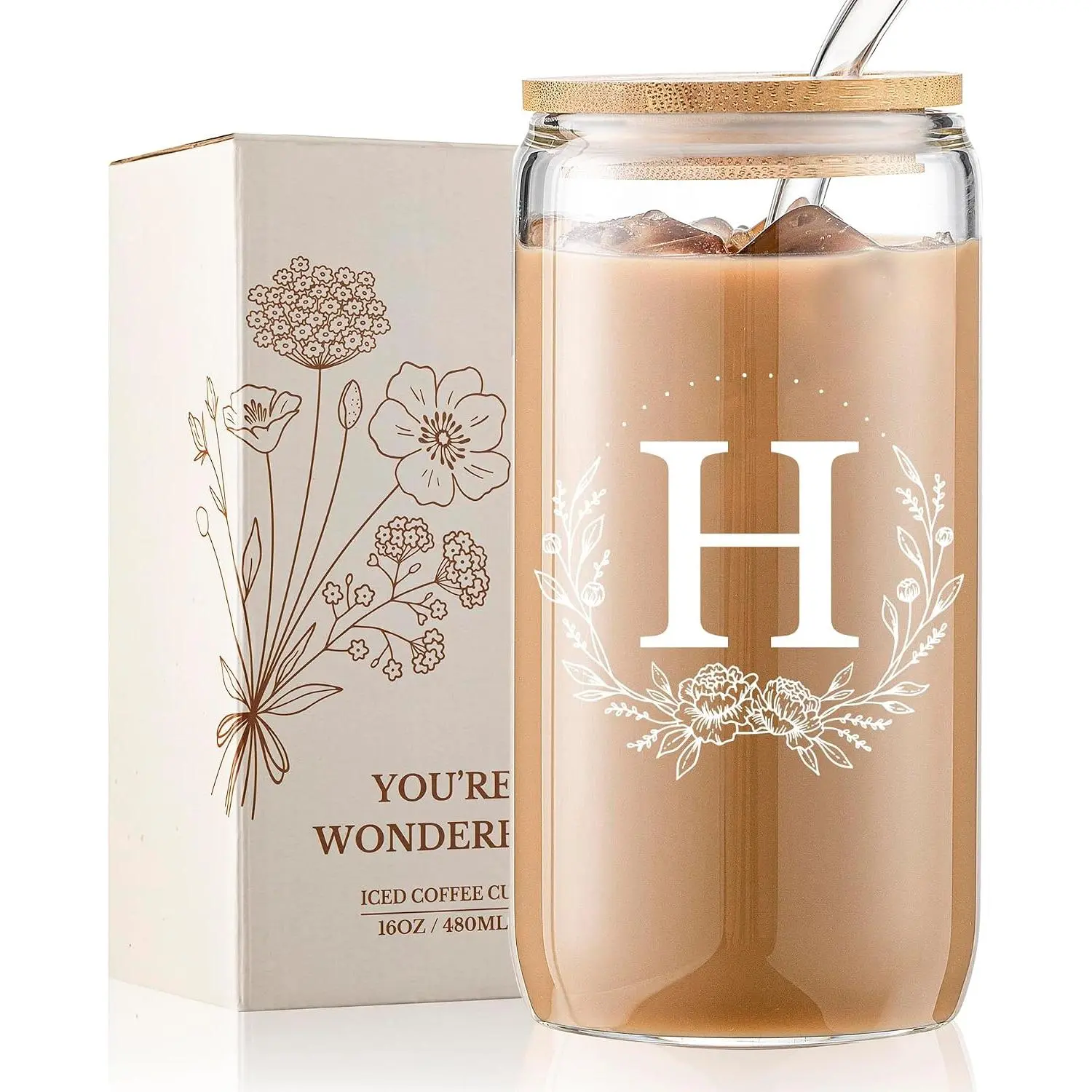 Personalized Gifts for Women, Monogrammed 16oz Glass Cups with   and Straws, Customized Glass Tumbler, Cute Custom Mug, Customizable Initial Iced Coffee Glasses, Birthday Bridesmaid Mom, H
