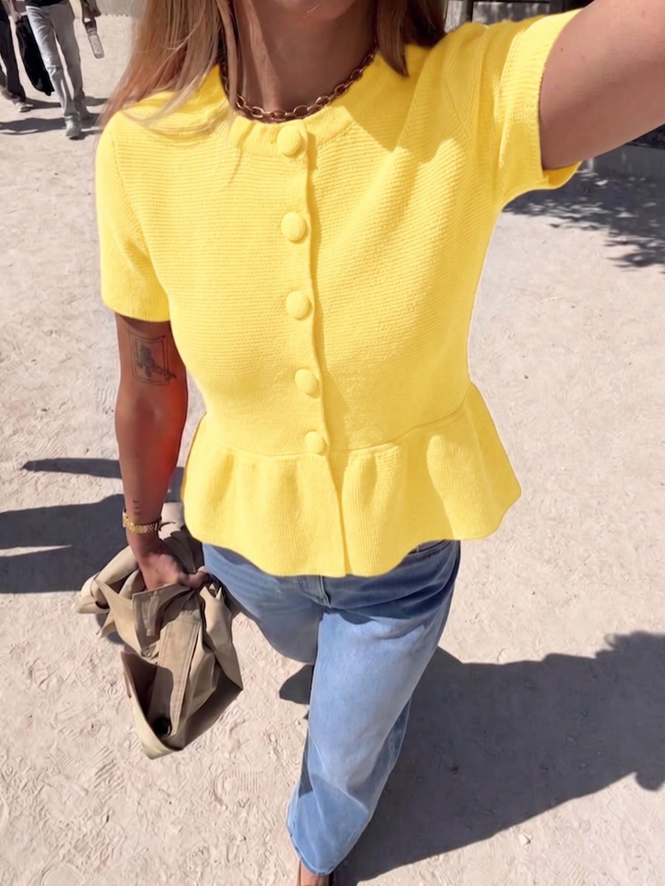 Women Basic Solid Color Crew Neck Short Sleeve Button Front Lightweight Textured Knitted Cardigan Peplum Top Feminine Elegant Summer Casual Knitwear Daily Commute Wear Vacation Outfit Ensemble Ladies