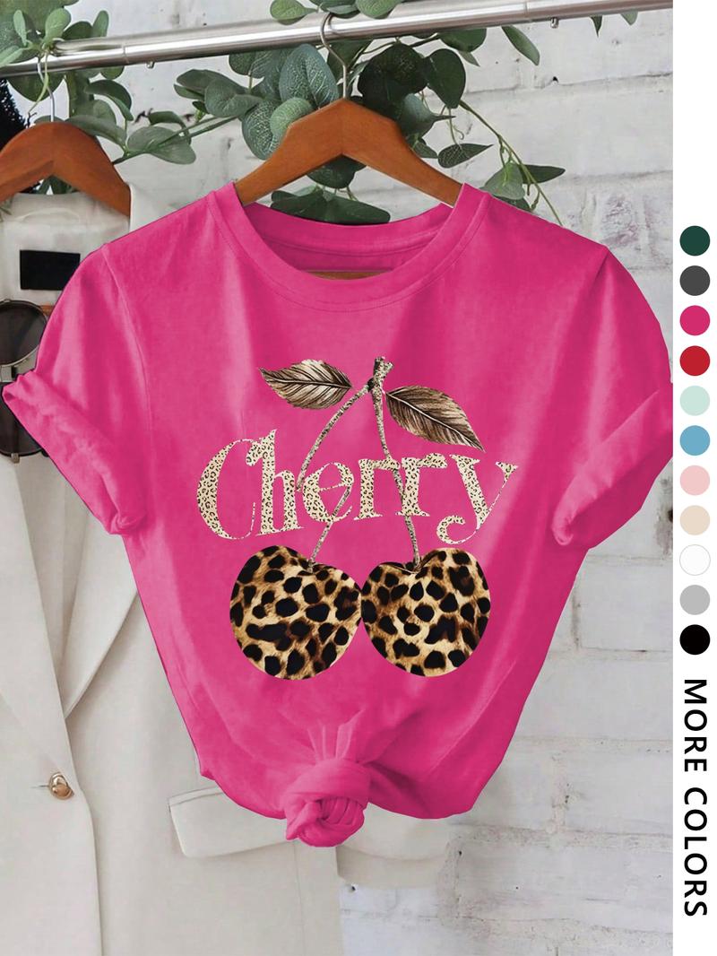 Women's Cherry & Leopard Print Round Neck Graphic Tee, Vintage Trendy Casual Short Sleeve T-shirt for Daily Wear, Ladies All Seasons Outfit, Top