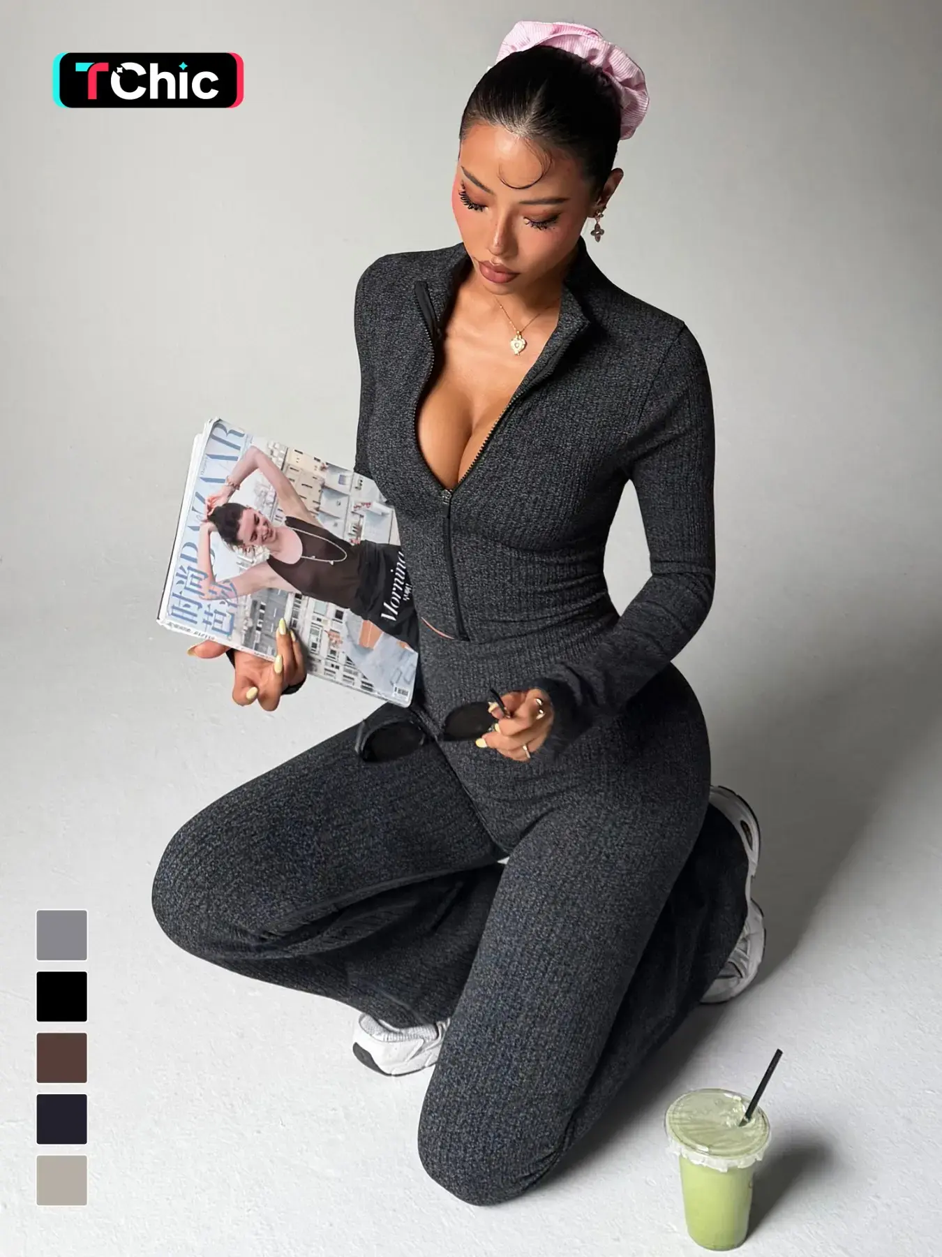 Women's Two-Piece Set, Fall Winter Knit Ruched Stand Collar Zipper Jacket, High Waist Butt Lifting Ruched Bell Pants, Running Yoga