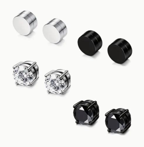 {Comfort Earrings} Magnetic Men's Perforated Ear Clips, Fashion Style Zircon Magnetic Ear Clips, Silver and Black Punk False Ear Clips