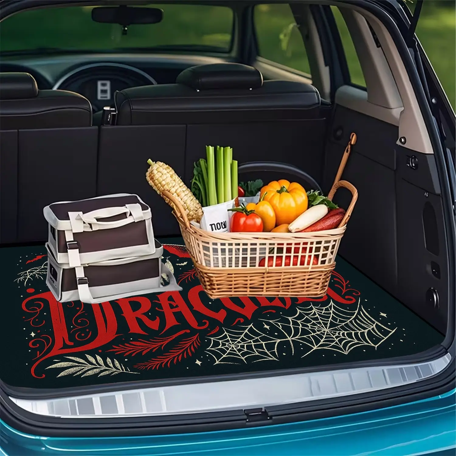 1pc Gothic Vampire-Themed Car Trunk Mat with Spiderweb and Bat Print Pattern, an Essential Travel Item, Universal Fit for Various Car Models, Interior Car Decoration to Enhance Vehicle Ambiance, Keeps Your Trunk Clean and Dry. Suitable for Outdoor