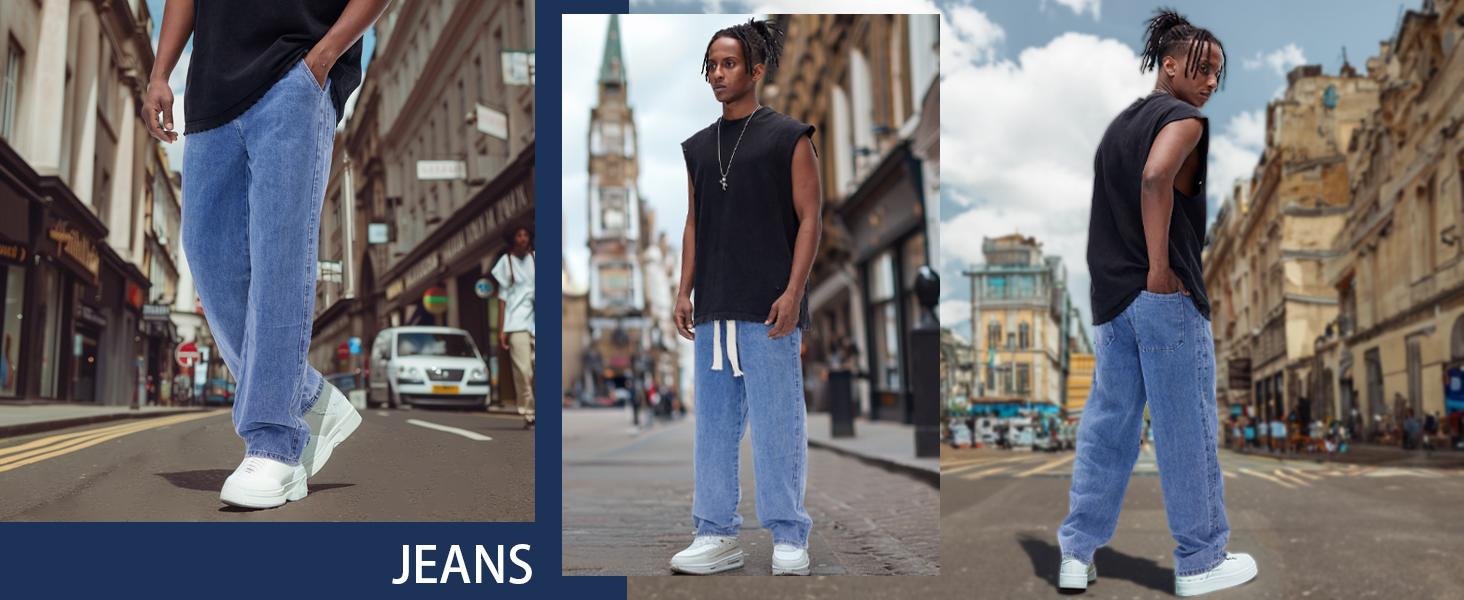 Men's Straight Leg Denim Pants Loose Fit Wide Leg Baggy Jeans Hip Hop Streetwear Trousers