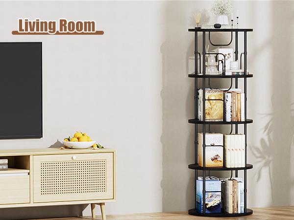 Flycity 3 Tier - 5 Tier Rotating Bookshelf Tower,360° Display Unique Round Bookcase, Floor Standing Corner Revolving Storage Organizer Furniture Wood Organizing Study Table