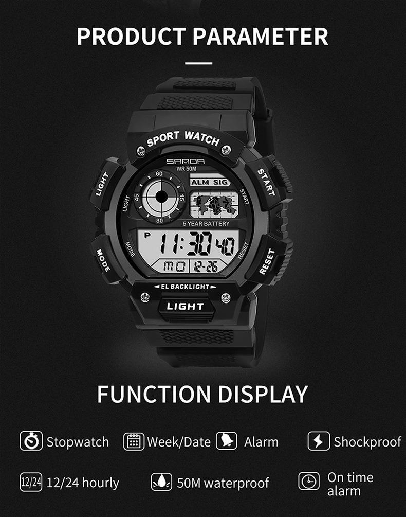Sanda Fashion Waterproof Digital Watch for Youth, Dual Time, Stopwatch, Alarm, Luminous, Week Date, 12/24h, Casual Style, All Seasons
