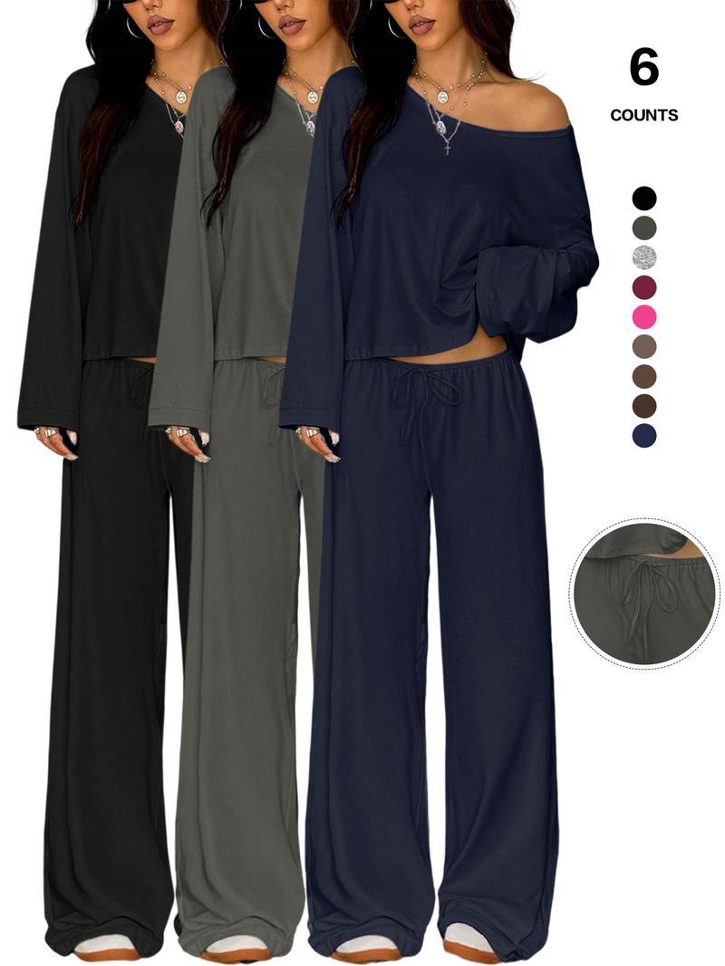 Women's 2 Piece Matching Lounge Set Off The Shoulder Long Sleeve Top and Drawstring Wide Leg Pants Casual Sweatsuit