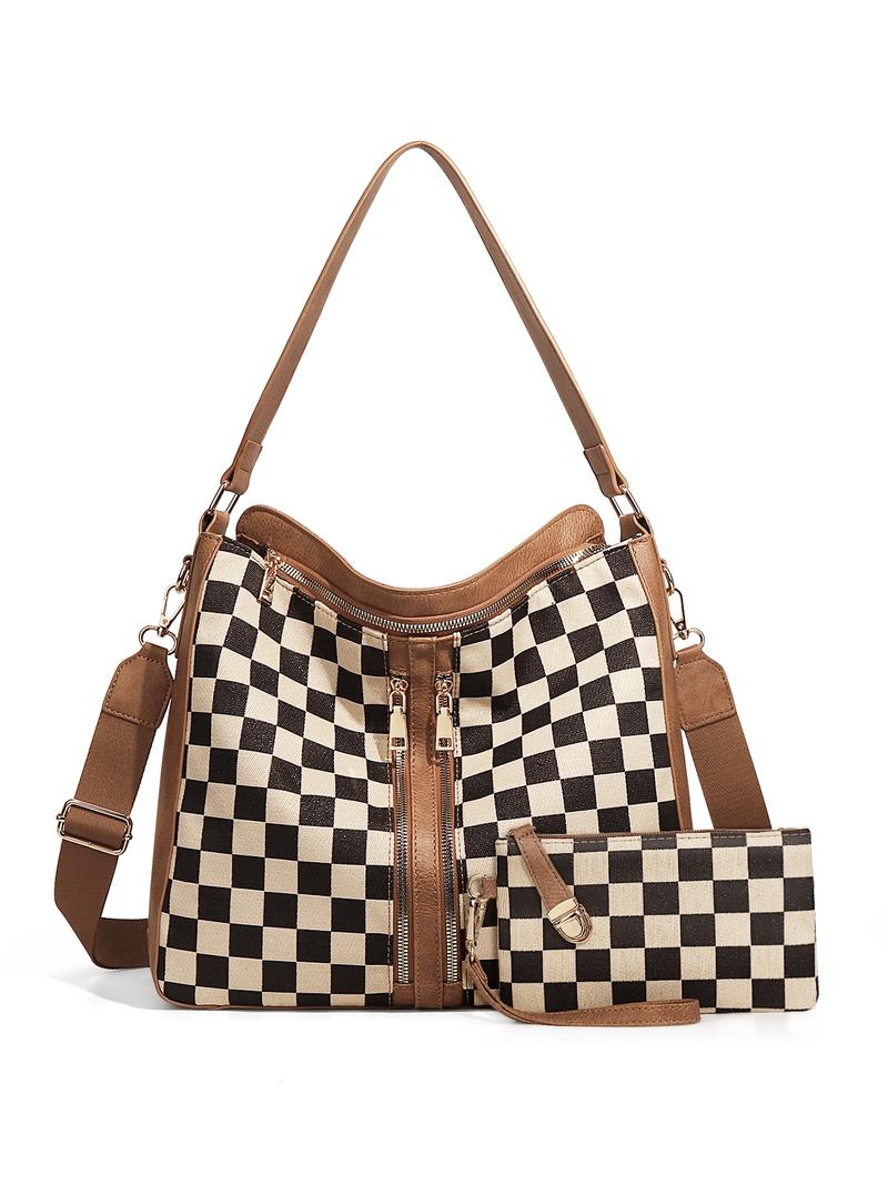 Checkered Plaid Pattern Women Large Crossbody Bags Ladies Satchel Shoulder Handbags Purse and Wallet Set for Women Totes Hobo Purses with Adjustable Strap For Work, Travel Fashionable Patterned Bag