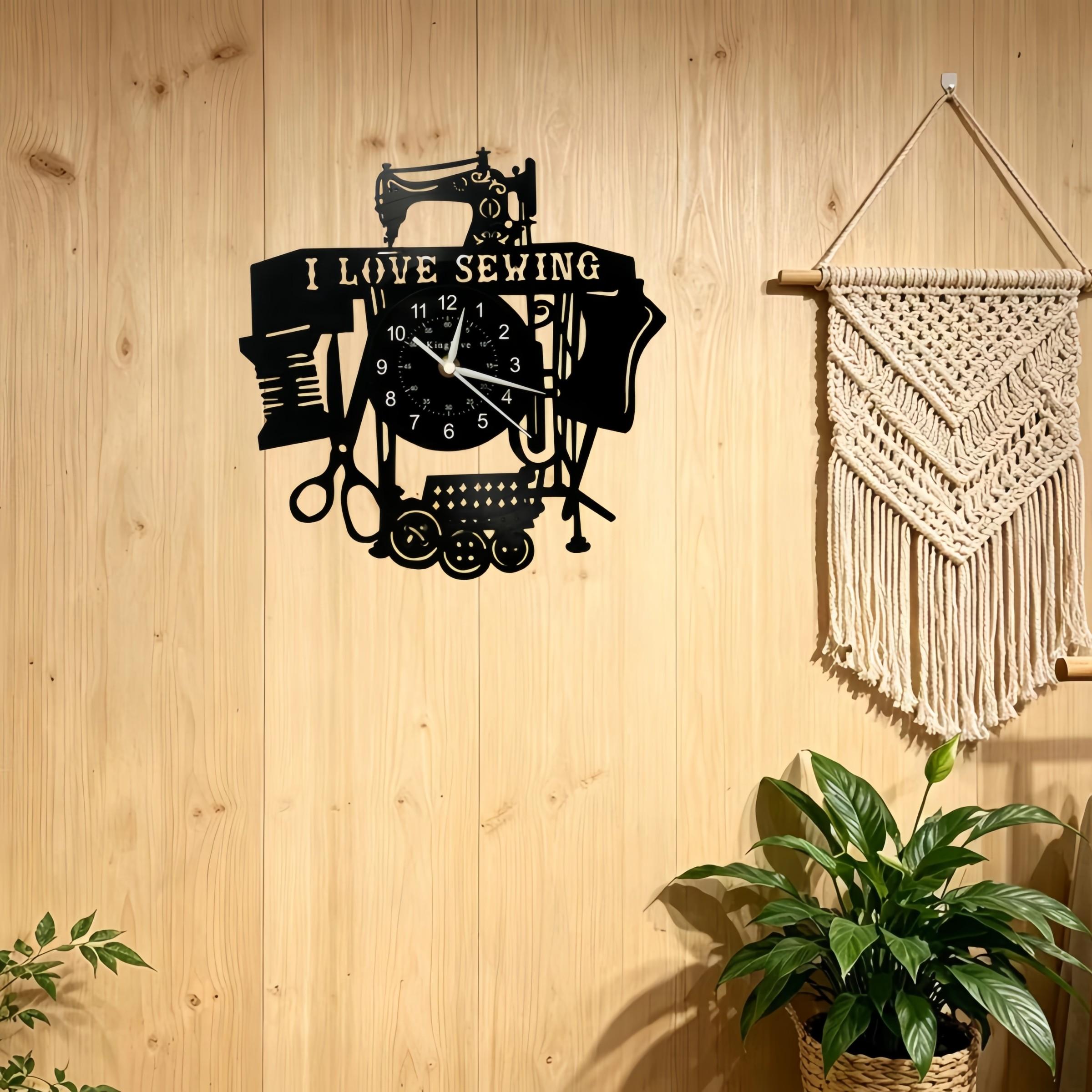 Exclusive Sewing Enthusiast Vinyl Wall Clock, Bold I Love Sewing Slogan, Perfect for Sewing Studio, Tailor Shop, Craft Room, Clothing Store