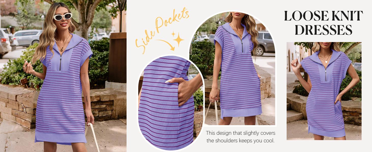 Wenrine Women's Striped Mini Dress Casual Zipper Cap Sleeve Collared V Neck Loose Knit Summer Dresses