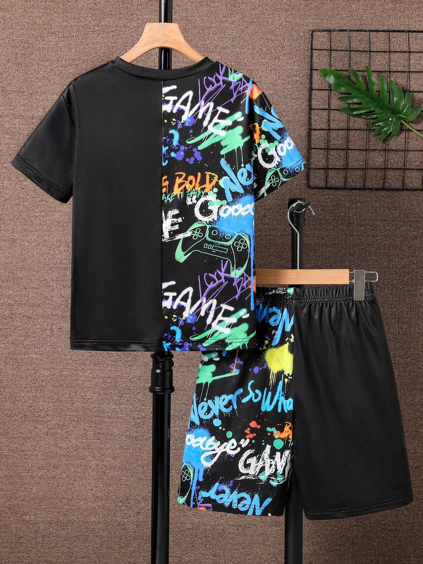 Boys' Cool Trendy Printed Patchwork Solid Color Short Sleeve T-Shirt + Shorts Outfits Set, Casual Home Outdoor Wear, Slim Fit, Summer Clothing Set, Outfit Sets, Clothes Kids