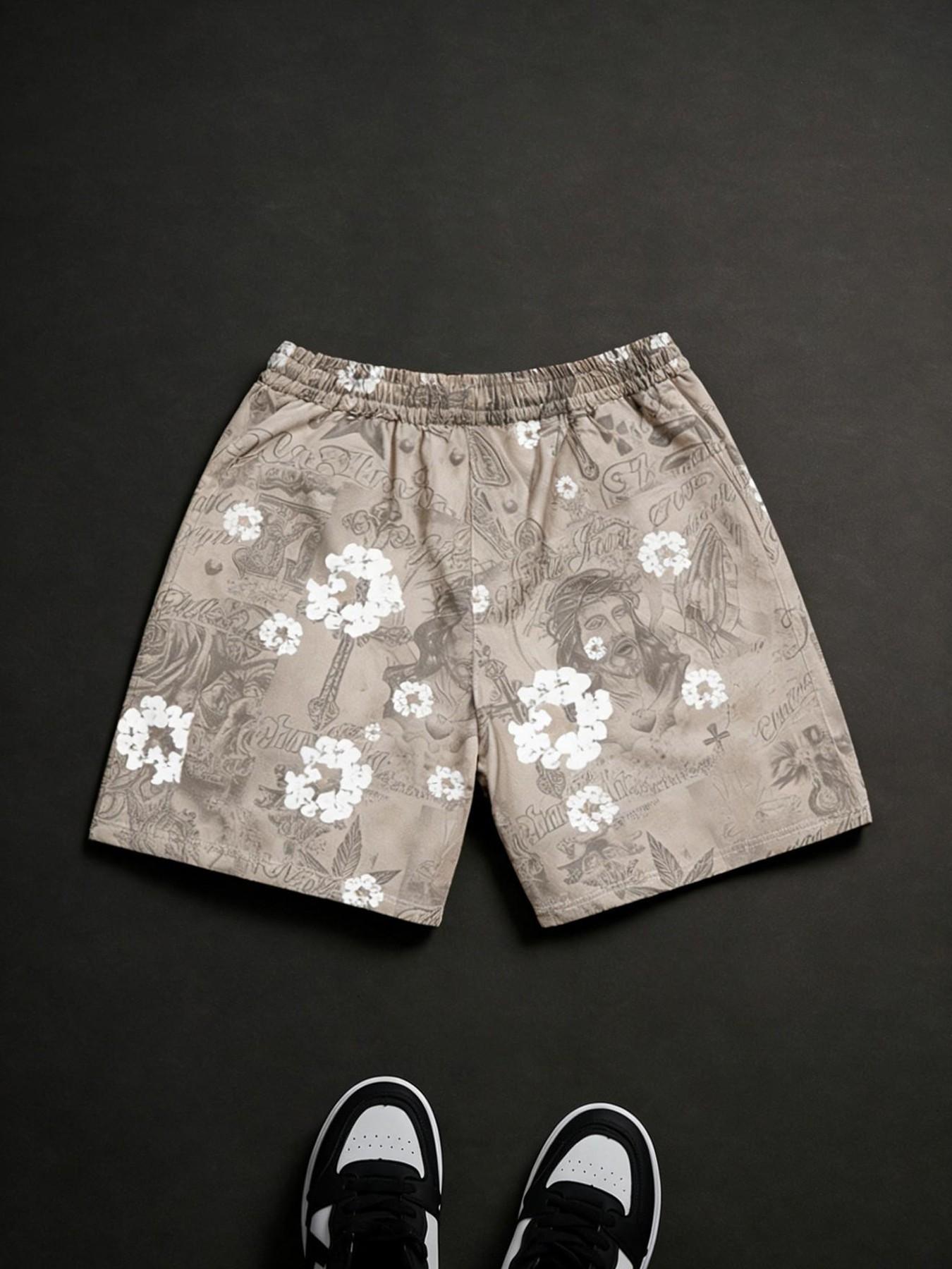 Unisex Jesus Religious Cherry Blossom Print Oversized Drawstring Casual Shorts | Y2K Gothic Japanese Aesthetic High Street American Retro Streetwear Beach Shorts