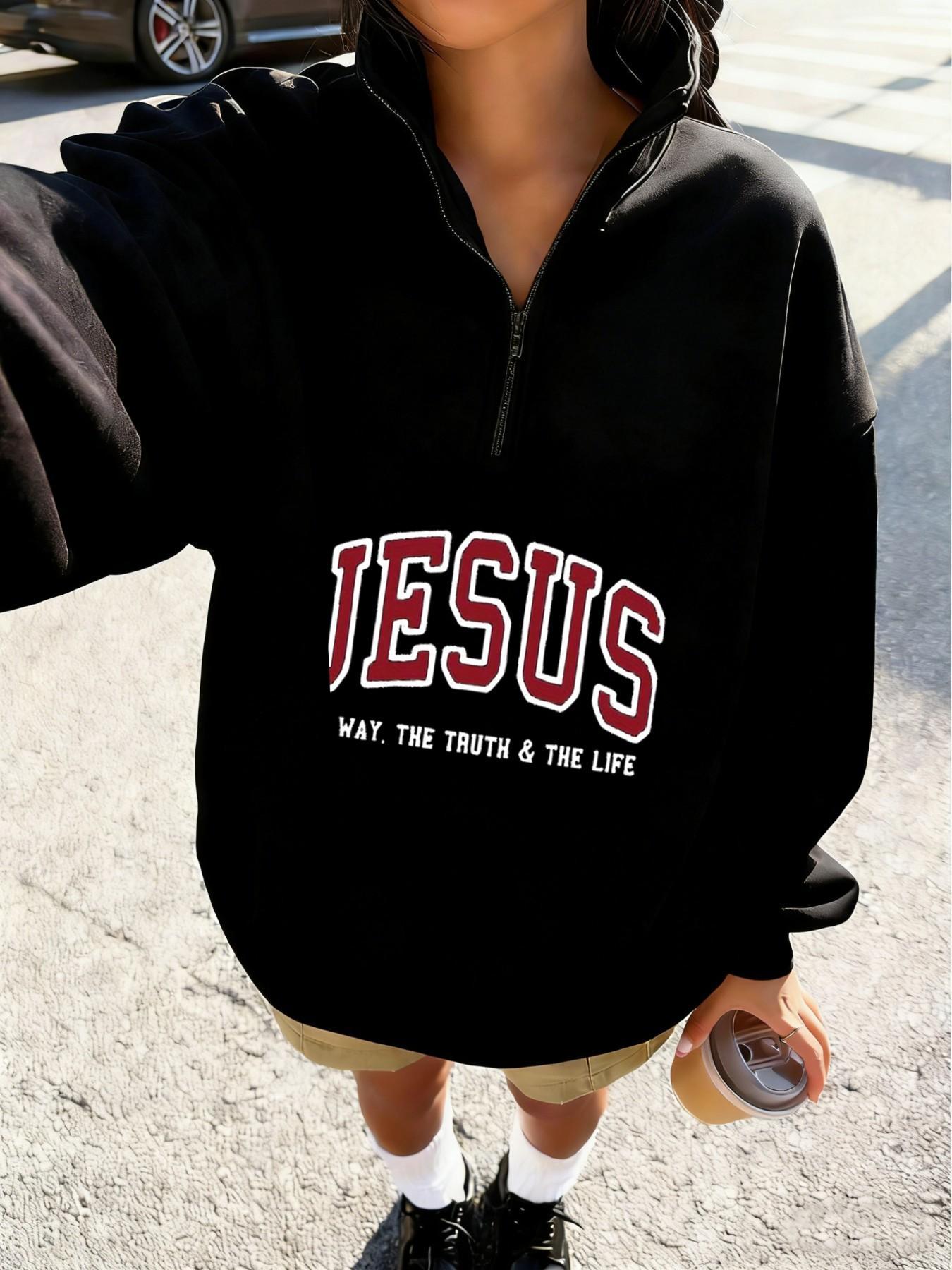 "JESUS" Aesthetic Half Zip Oversized Long Sleeve Sweatshirt, Y2K Christian Graphic Hoodie, Cozy Fleece Drop Shoulder Pullover, Vintage Washed Finish, Daily & Streetwear, Religious Print Top, Casual Pullover Tops, Womenswear