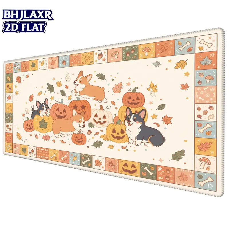 1Pc 2D Flat XXL Cute Corgi Halloween Pumpkin Mouse Pad, HD Digital Printing, Non-Slip Rubber Base, Stitched Edges, Kawaii Aesthetic Desk Mat, Gaming Office Mouse Pad For Laptop Computer Desktop Decor