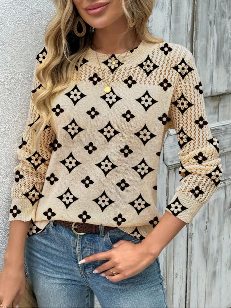 Women's Geometric Print Round Neck Sweater Knitted Top, Casual Long Sleeve Knitwear for Fall Winter, Comfortable Warm Daily Wear