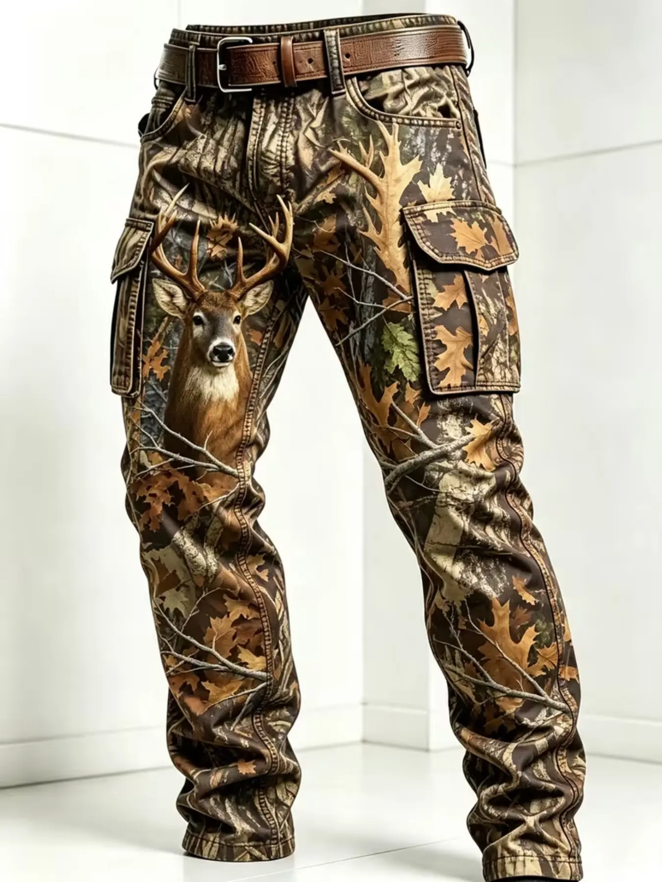 Men's Camouflage Cargo Pants, Forest Leaf Deer Head 3D Print, Multi-Pocket Design, Straight Leg, Outdoor Hunting Style, Casual Workwear