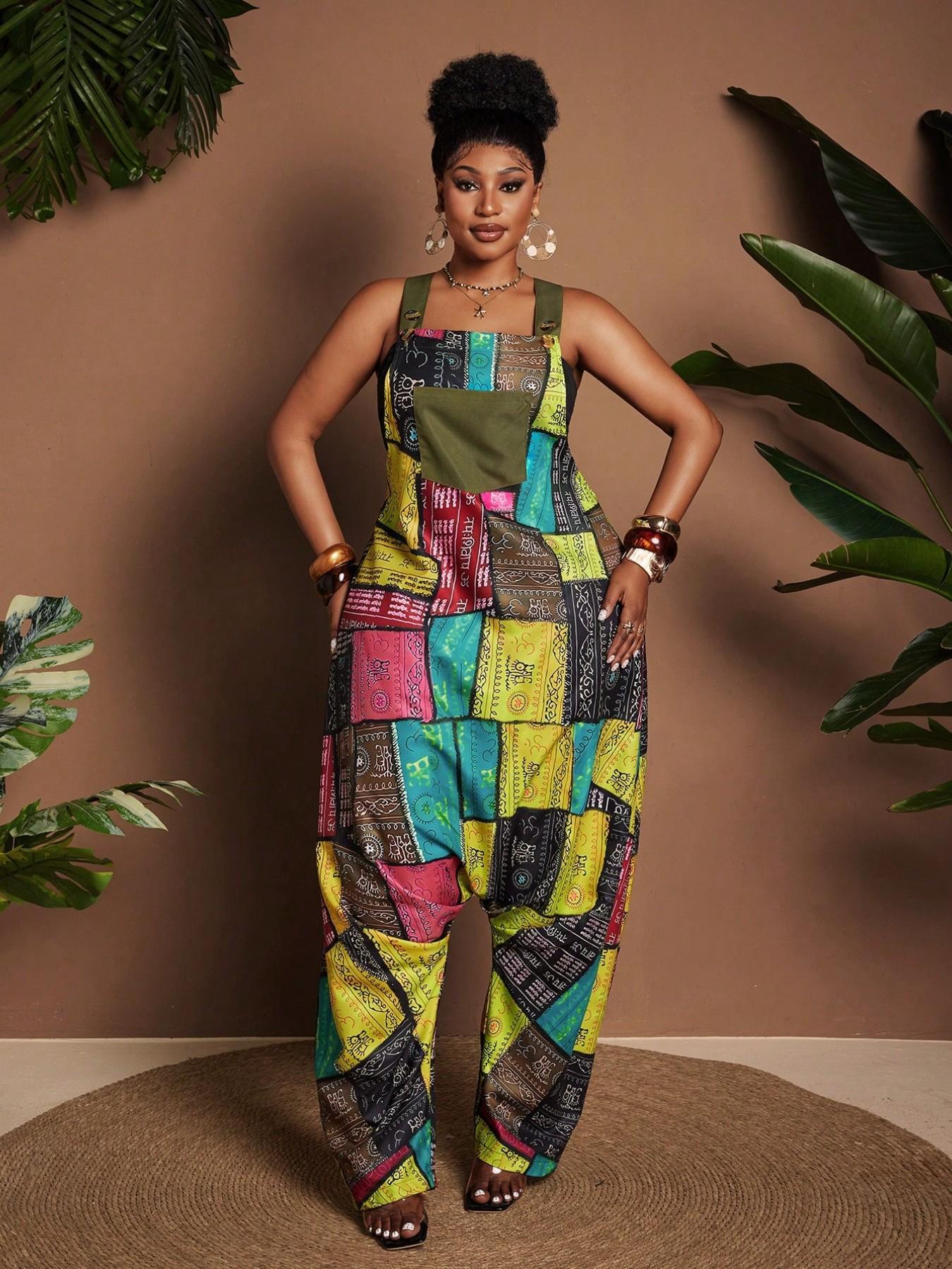 Plus Size Patchwork Print Sleeveless Loose Harem Pocket Jumpsuit, Comfortable and Stylish Design, Perfect for Casual Wear
