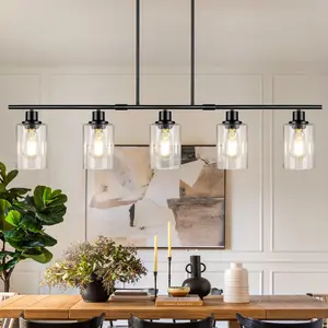 5-Light Farmhouse Linear Chandelier Matte Black Pendant Light Fixture with Clear Glass Shade for Dining Room Over Table and Kitchen Island