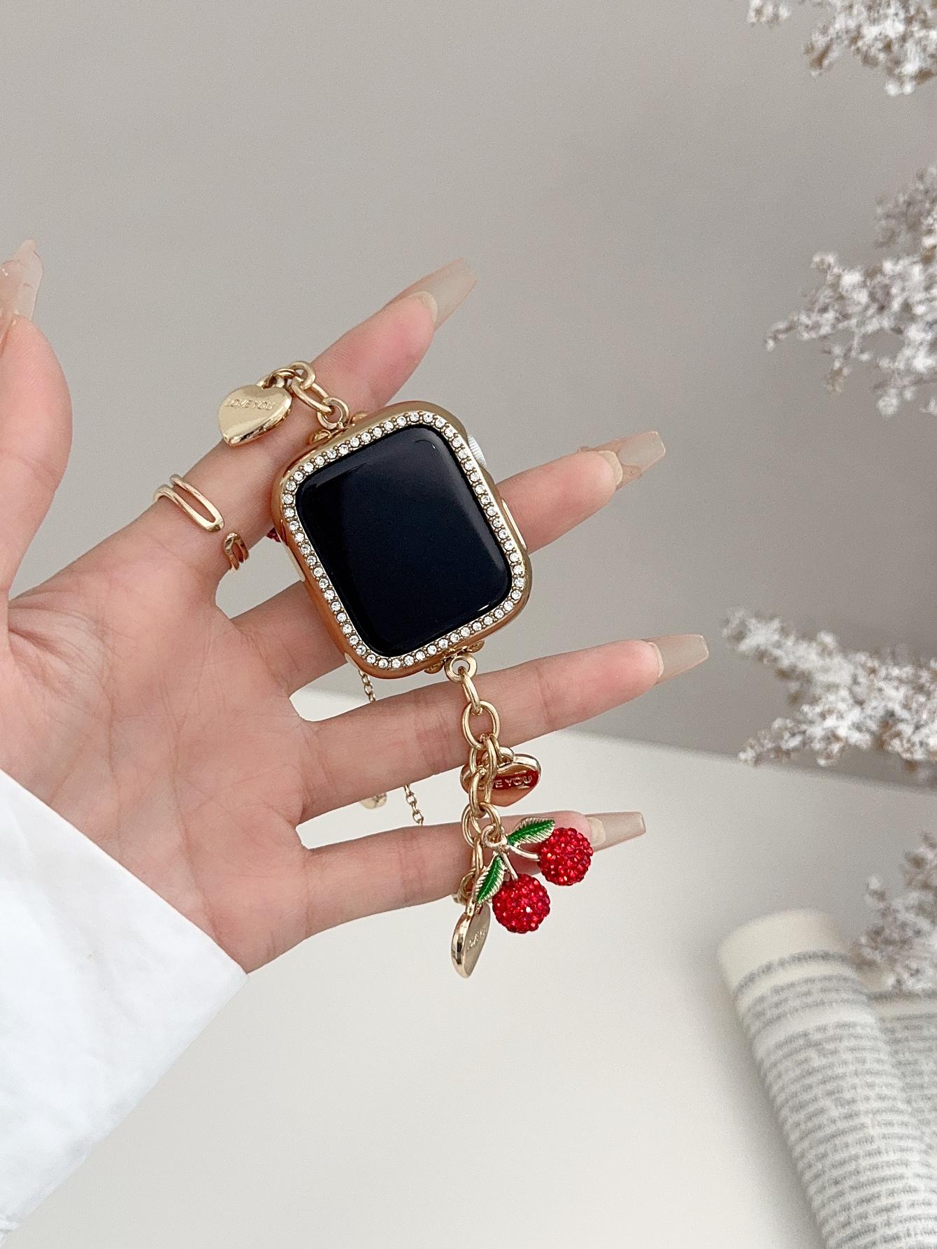 1PC fashionable heart-shaped cherry combination chain Apple Watch bands, Smart Watch Accessories, compatible with Apple Watch 38/40/41/42/44/45/46/49mm, for Ultra/SE/11/10/9/8/7/6/5/4/3/2/1, (watch and case not included), Smartwatch Accessories