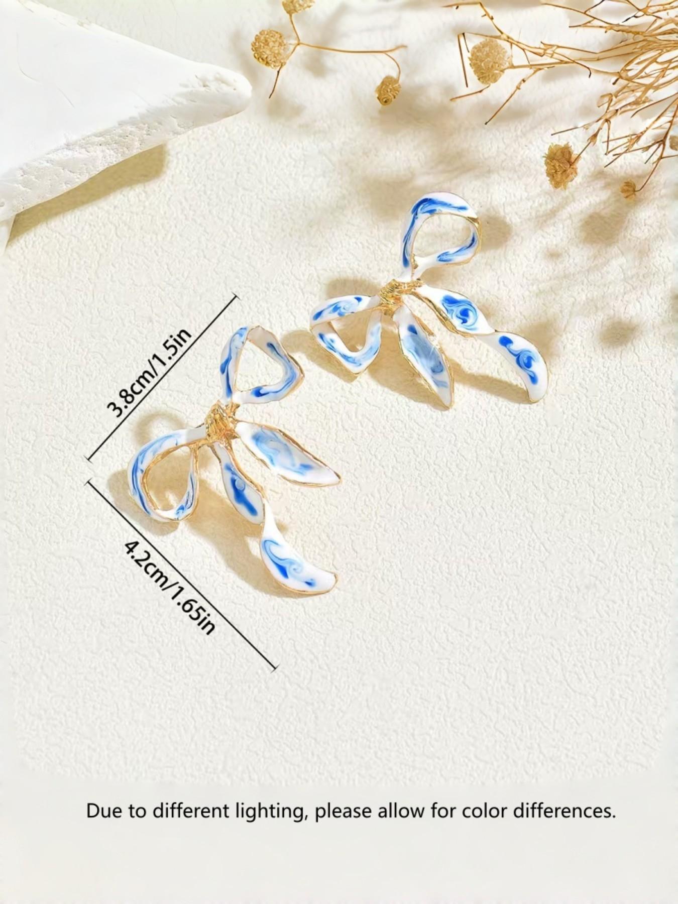 Vintage Oil Painting Drip Blue & Porcelain Bow Earrings, Fashionable Enamel Ribbon Earrings for Women, 1 Pair/set