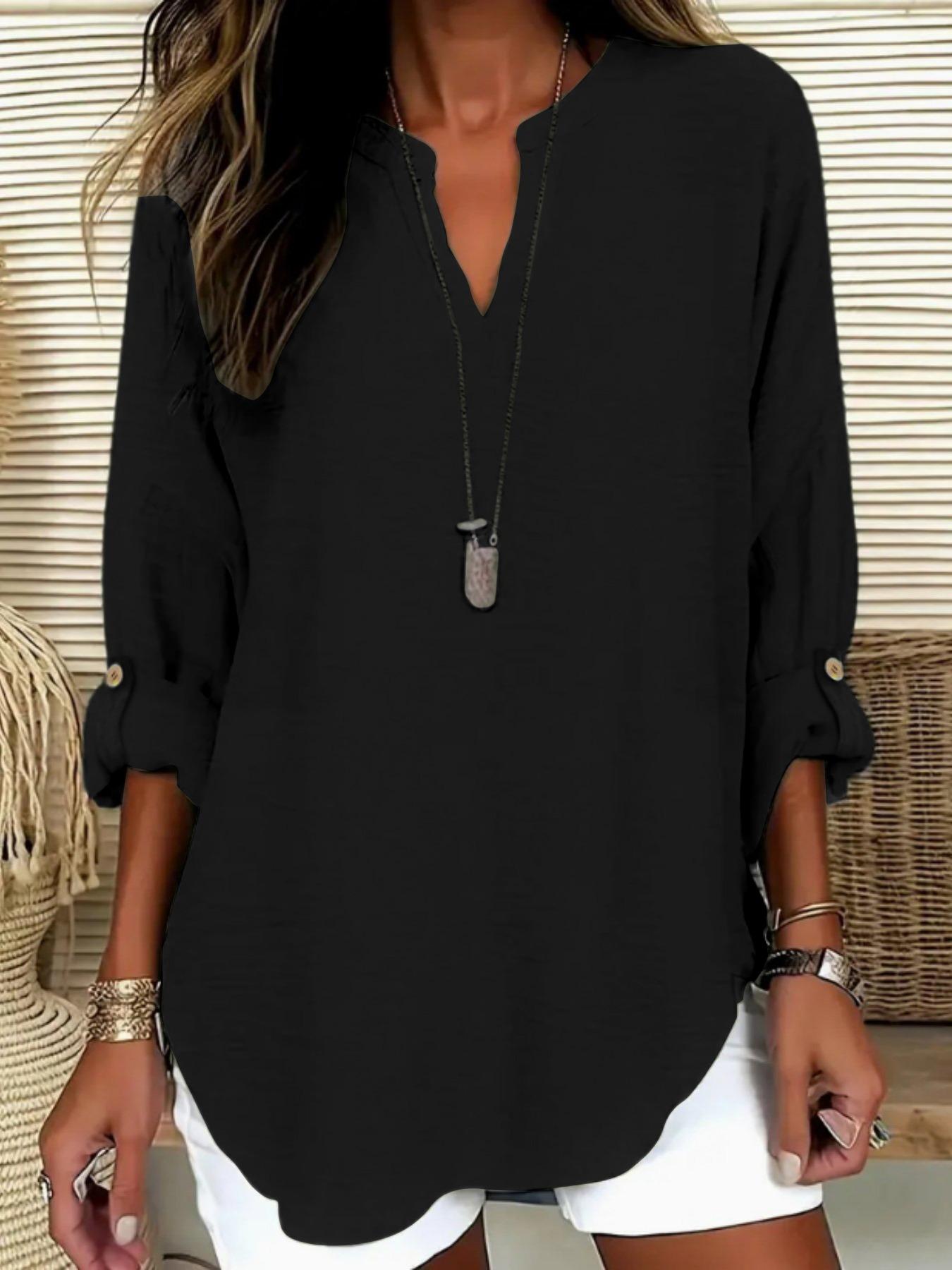 Women's Loose Notched Neck Long Sleeve Blouse, Fashion Vintage Simple Versatile Top, Women's Casual Drop Shoulder Clothing for Spring & Fall