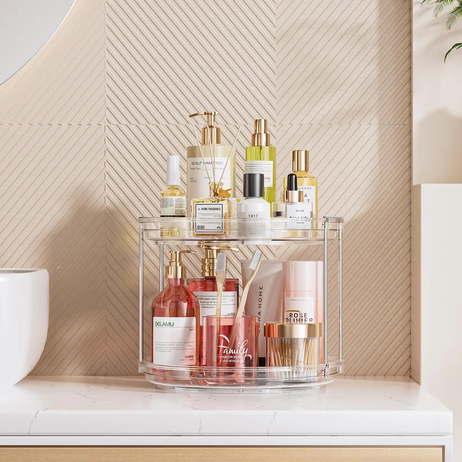 2-Tier Rotating Makeup Organizer, Lazy Susan Perfume Organizer Bathroom Organizer, Spinning Skincare Organizer, Cosmetic Display Case with Brush Holder Perfume Tray, Multi-Function Storage Carousel for Vanity Bathroom Countertop