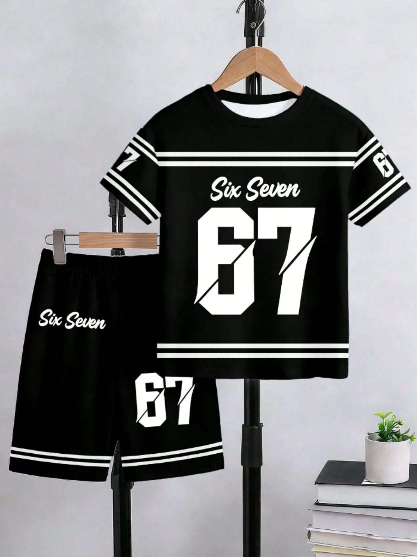 Trendy Sports Style Boys' Set, Number 67 Print, Streetwear Aesthetic, Casual Fitted Suit, All over Print, No Button, No Collar, No Zipper, Shorts