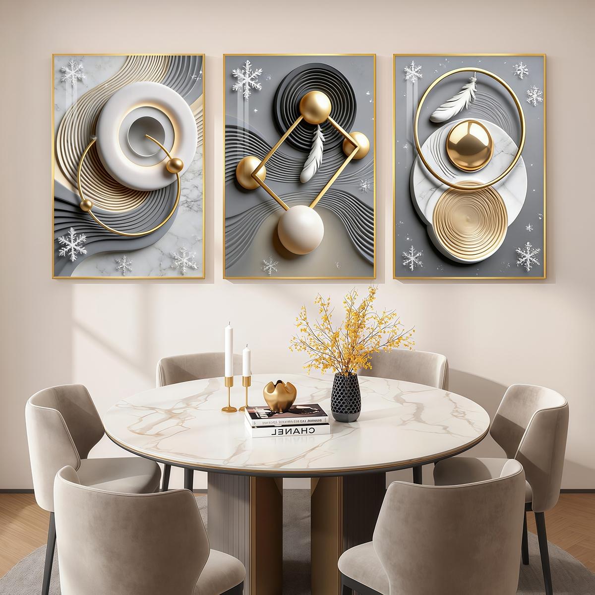 3 Counts Aluminum Alloy Framed Painting, Abstract Geometric Gold Feather Art Pictures, Home Decoration For Living Room, Bedroom, Office, Restaurant, Hallway Wall Decor, Odorless Print Artwork, Luxury Perfect Gift For Friends And Family