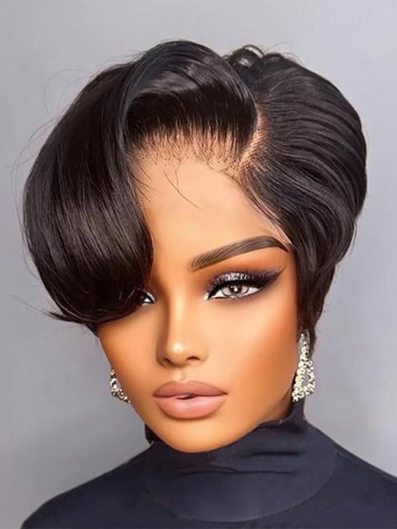 Short Layered Pixie Cut Human Hair Wig Glueless Lace Front Straight Bob Amazon.com : SisBroSis 4x4 Lace Closure Pixie Cut Human Hair  main image 3
