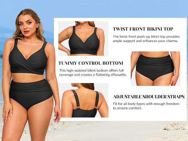 Yonique Women's Plus Size High Waisted Bikini - Two Piece Swimsuit Tummy Control Bathing Suit Twist Swimwear
