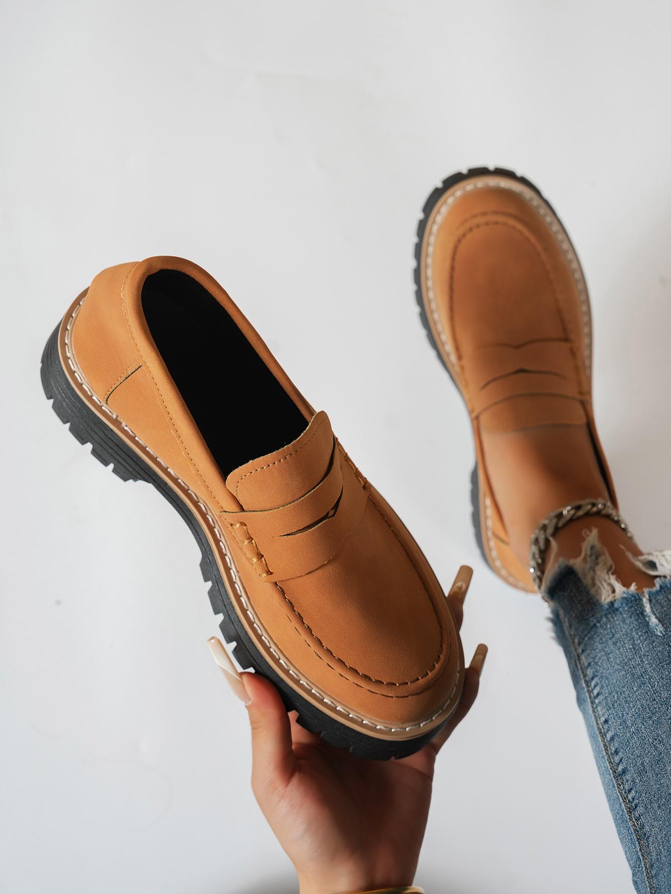 Women's Thick Sole Loafers, PU Leather Loafers, Platform Loafers, Slip-On Design, Casual Style, Height Increasing Comfort, Perfect for Commuting, Leisure Outings, Light Social Events, Casual Flats