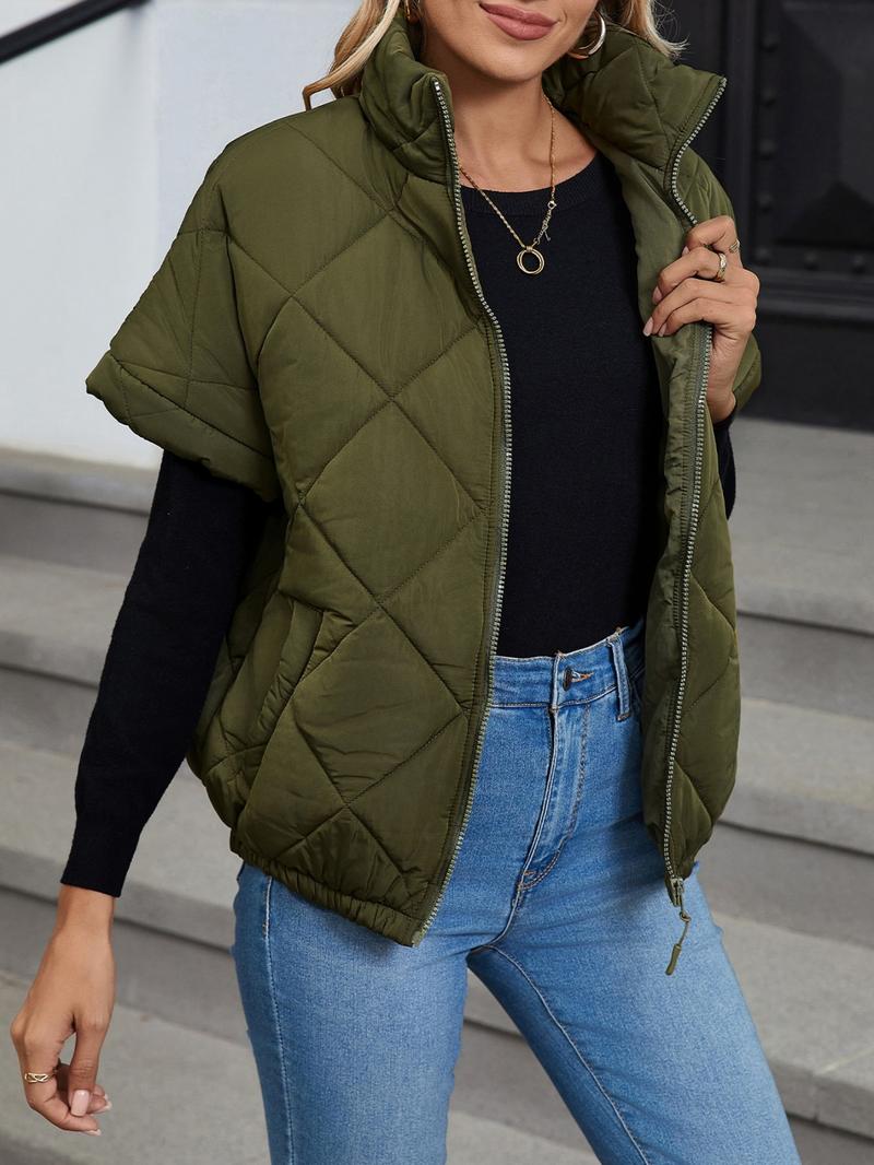 Women's Solid Color Quilted Zip Up Vest Jacket, Casual Pocket Stand Collar Outerwear for Fall & Winter, Ladies Clothes for Daily Wear