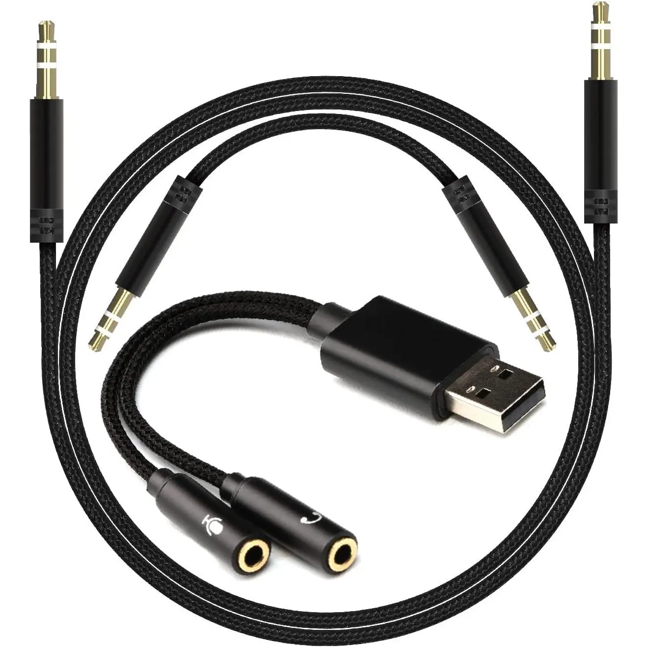 USB to  3.5mm Audio Jack Adapter, Mic-Supported Headphone Adapter for Two Headphones, Speakers to Laptop, with 3-Pole 3.5mm Jack Audio Cables (20cm&100cm) [3 Pack], Black