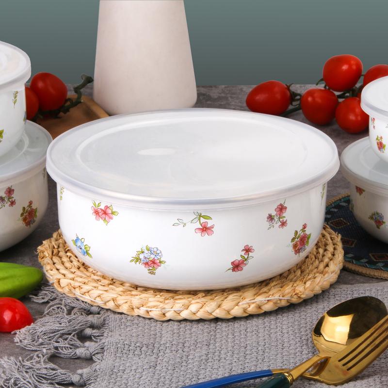 5pcs Set Blue Floral Enamel Food Storage Bowls with Lids, Multi-Functional Microwave Safe Containers for Rice Salad Noodles, Salad Serving Bowls