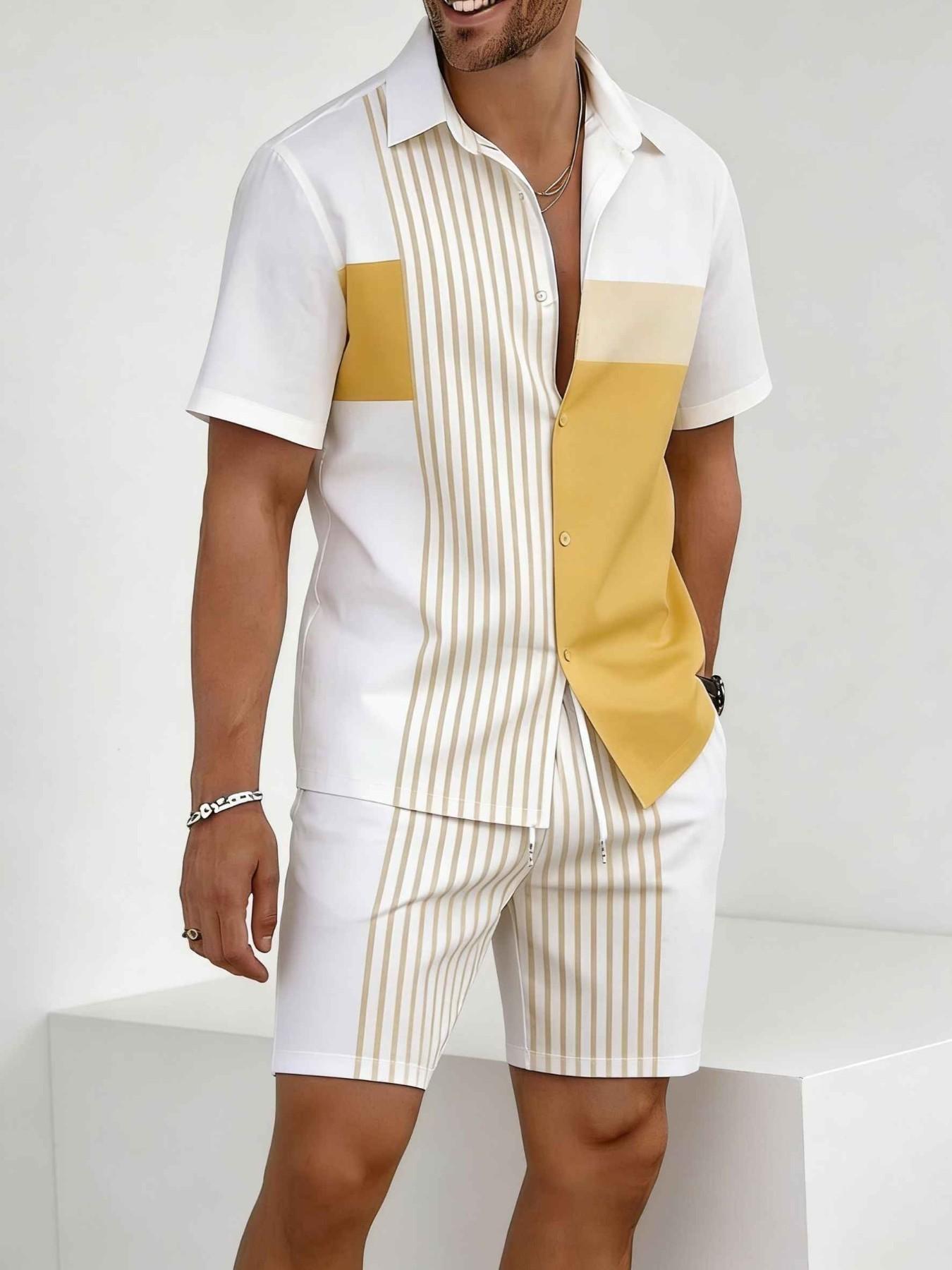 Men's Striped Patchwork Short Sleeve Shirt Set, Matching Summer Casual ...