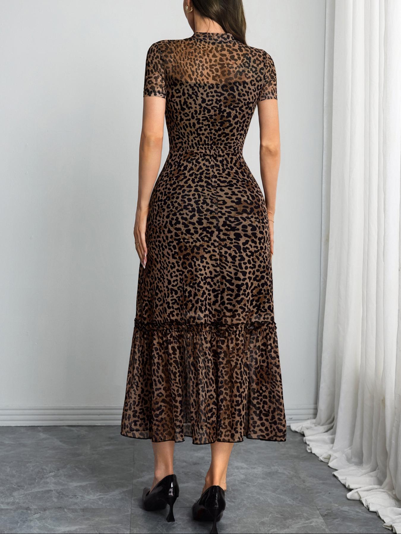 Women's Sexy Leopard Print Elegant Round Neck Mesh Skirt Dress, Stylish Casual Fashion, Perfect for Parties and Daily Wear