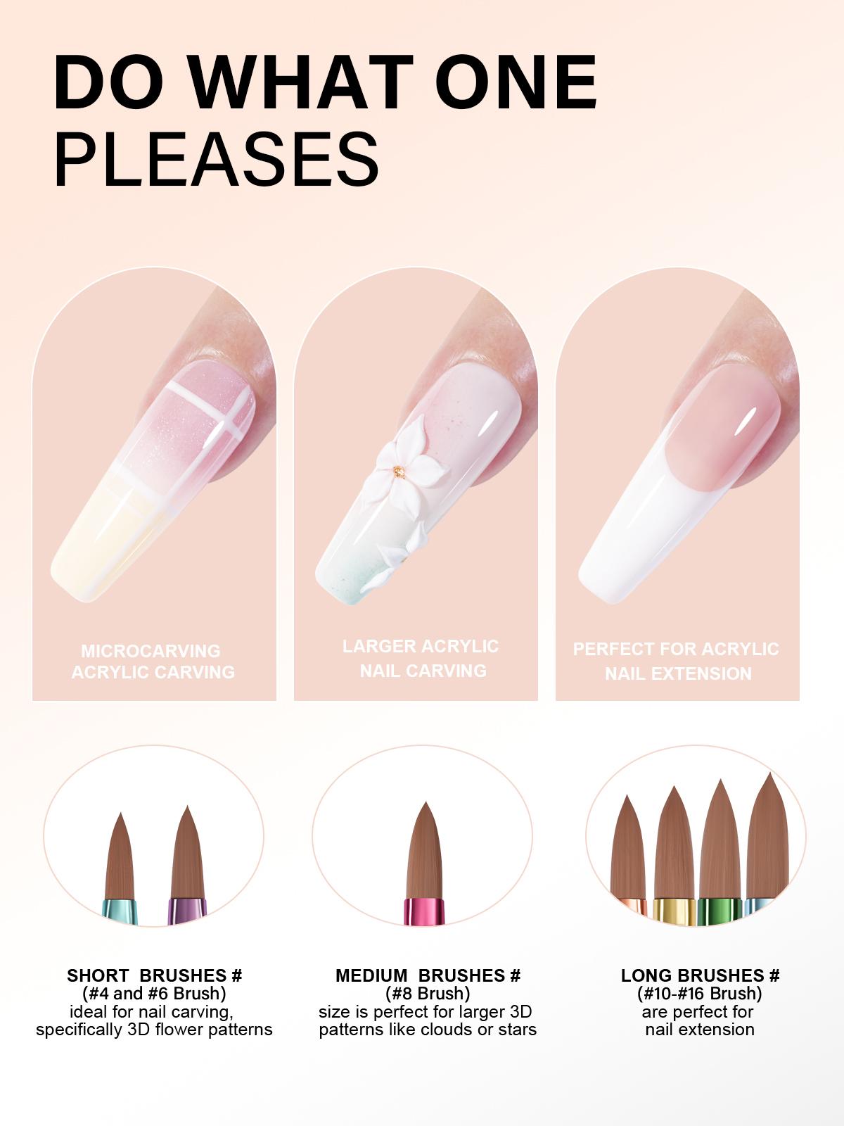 Aillsa Acrylic Nail Brush Set, 3/7pcs 3D Nail Carving Manicure Tool for Home & Salon Use, Acrylic Powder Brush Pen DIY Size 4/6/8/10/12/14/16 Nail Art Extension Helloween/Christmas Gift for Women