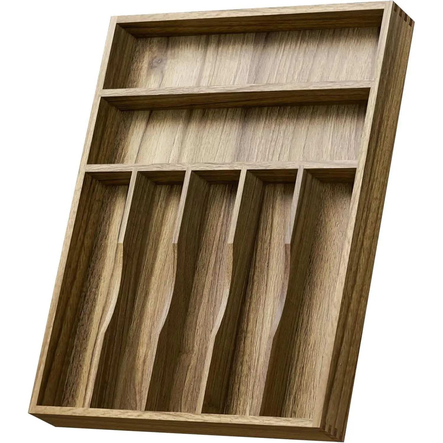 Acacia Wood Silverware Drawer Organizer, Kitchen Utensil Cutlery Drawer Organizer with Grooved Dividers, Flatware Organizer Silverware Tray Holder for Spoon, Fork, 13''x16.9'' (7 Slots)