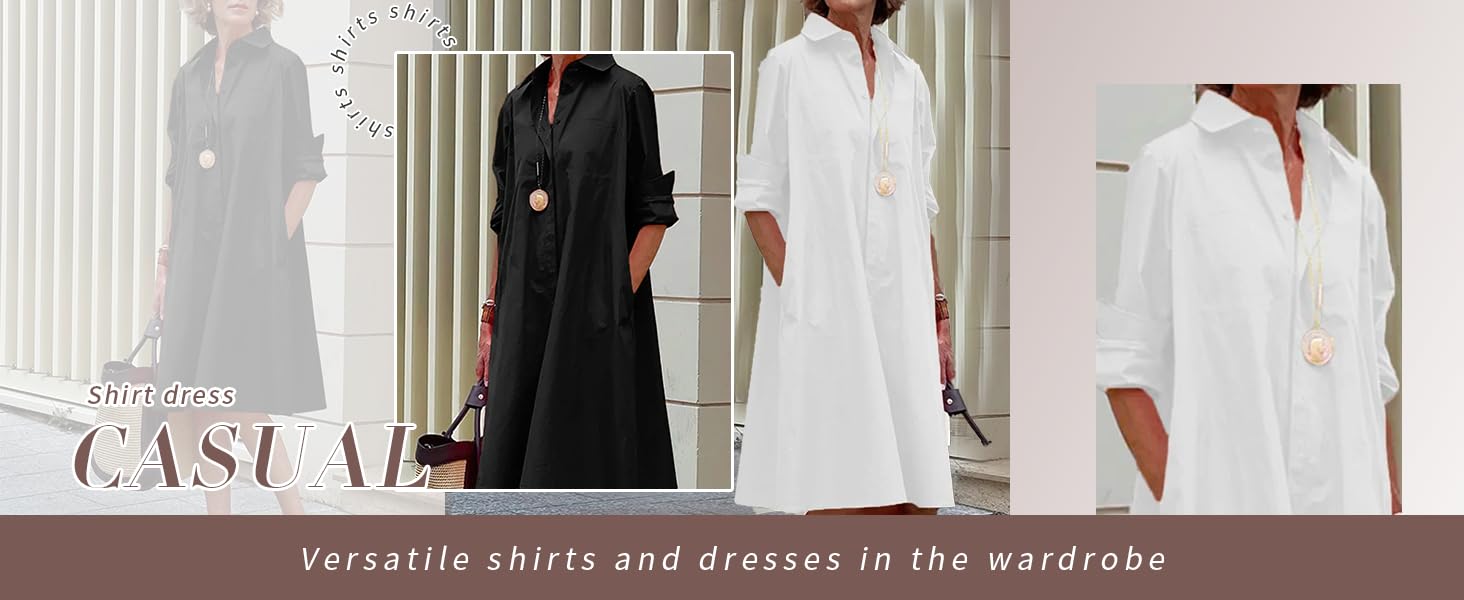 Chouyatou women's spring and summer loose long-sleeved solid color dress casual cotton button-down mid-length shirt dress Chouyatou women's spring and summer loose long-sleeved solid color dress casual cotton button-down mid-length shirt dress
