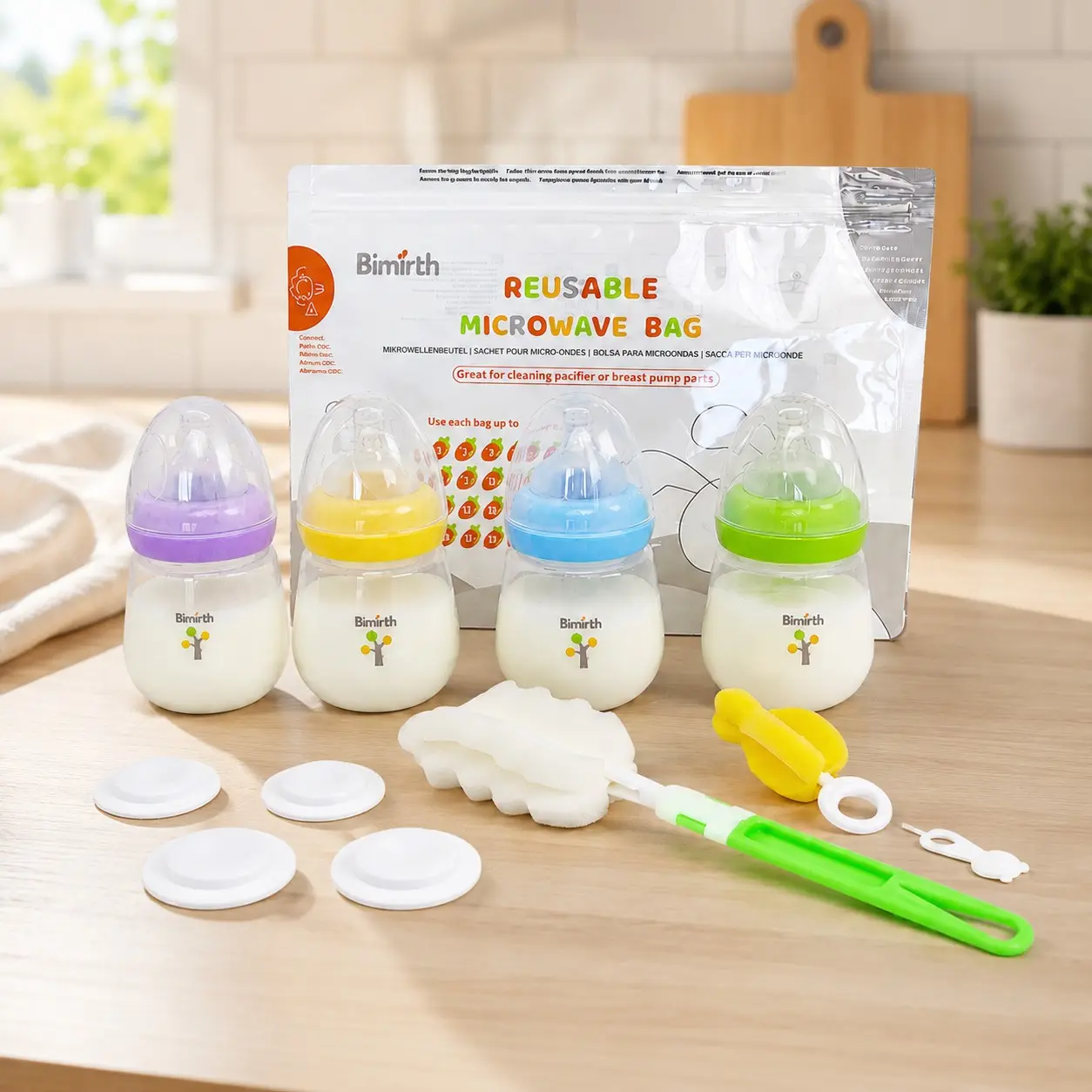Baby Bottle Set, Dual-Use 180ML Wide Mouth Bottle, Includes Microwave Steam Cleaning Bag, Storage Lid, and Cleaning Brush