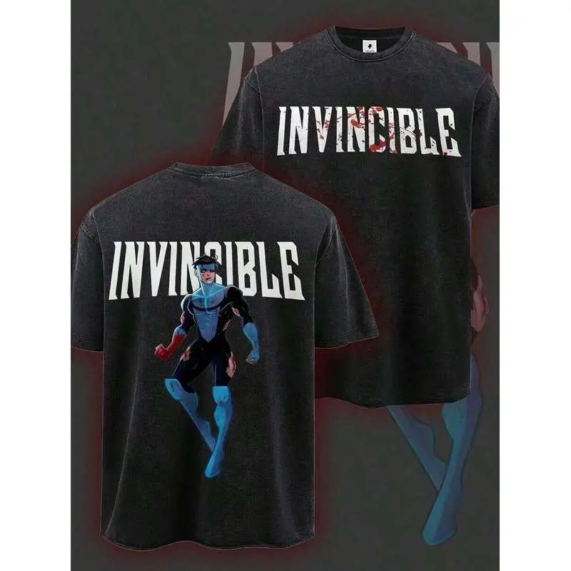 Men's Heavyweight Anime T-Shirt With Double-Sided Print Of Invincible Characters - Soft Washed Vintage Aesthetic Short-Sleeve Crew Neck Shirt, Suitabl