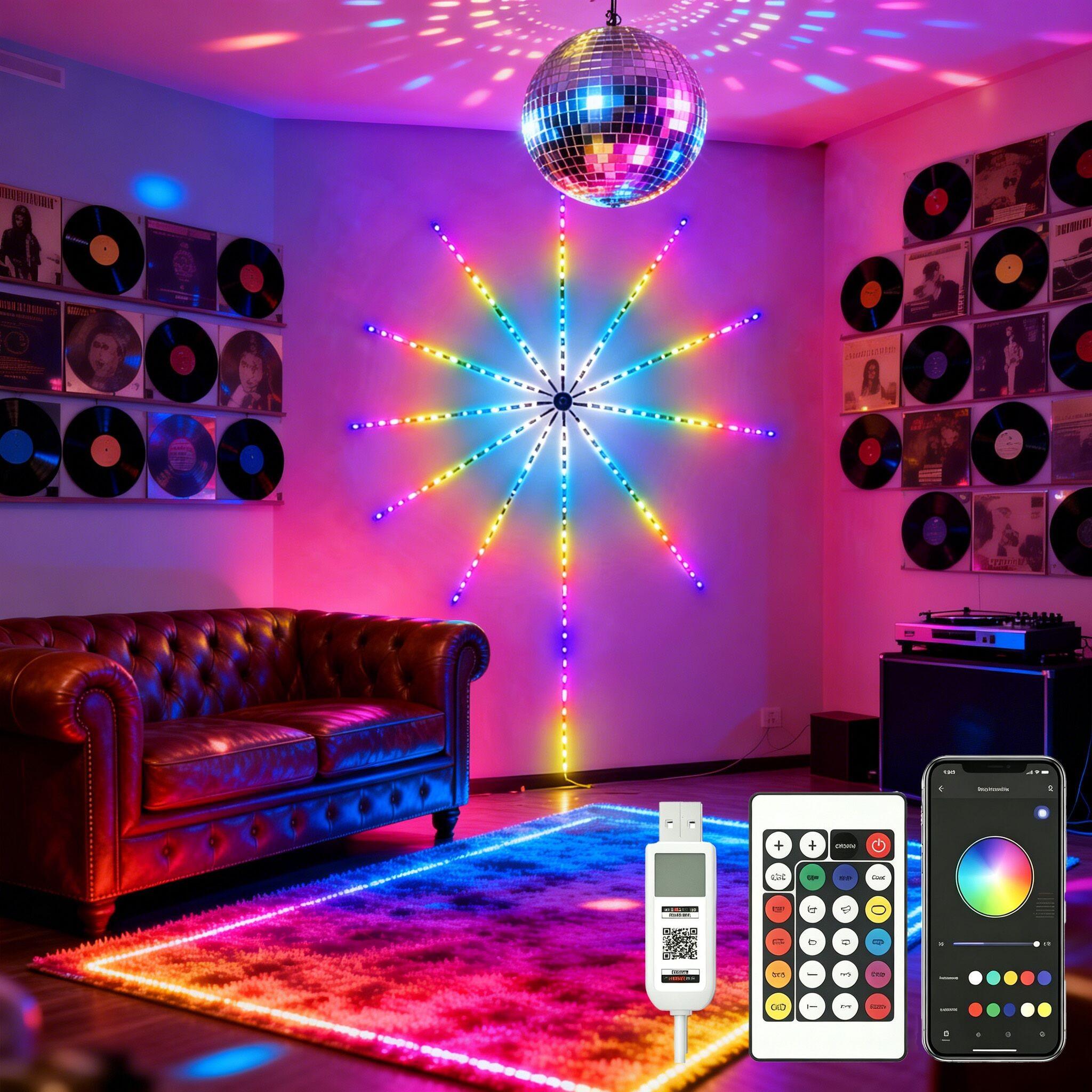 USB RGBIC Smart Fireworks LED Strip Lights, Music Sync Sound Activated Color Changing Atmosphere Lamp, Remote & Bluetooth APP Control Decor Light for Bedroom Bar Home Christmas Eid Party Indoor Decor