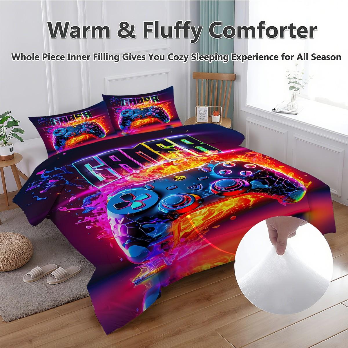 Futuristic and Energetic Gaming Controller 2/3pcs Comforter Set, Flame and Neon Light Effects Create a Dynamic and Dynamic Bedding Set, Soft and Comfortable, Personalized and Vibrant Style,Adding Allure and Fun 1 or 2 Pillowcase No Pillow Core.