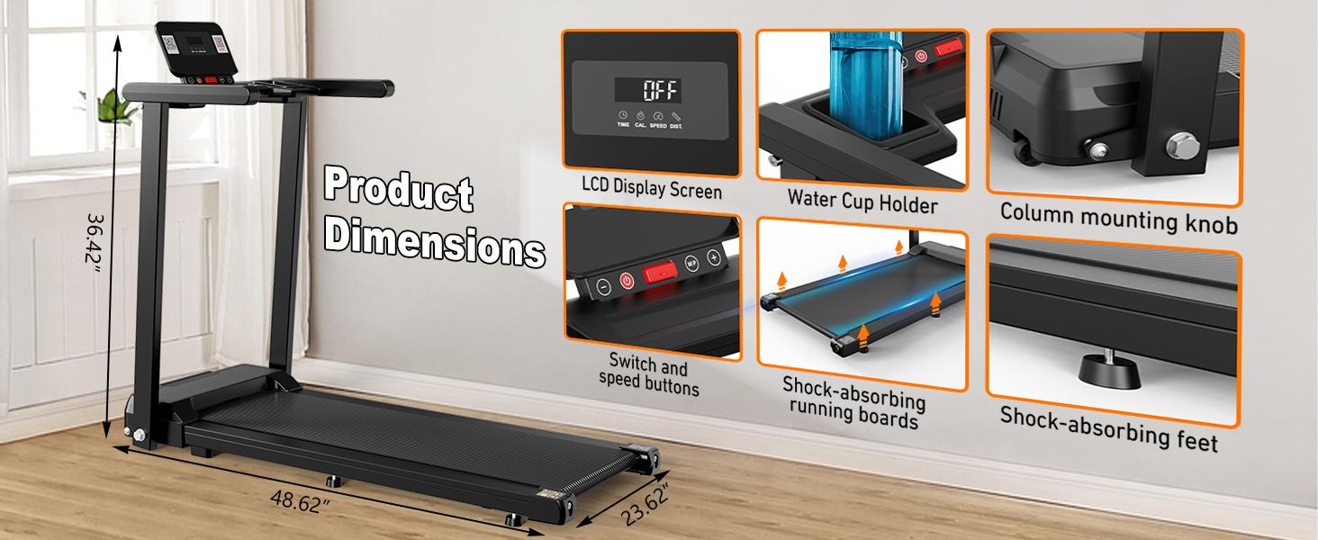 LIVIVOX folding Fitness treadmill with handle, 2.5HP,LED display, 300LBS capacity, portable home gym walking pad treadmill for small-space，Back to school