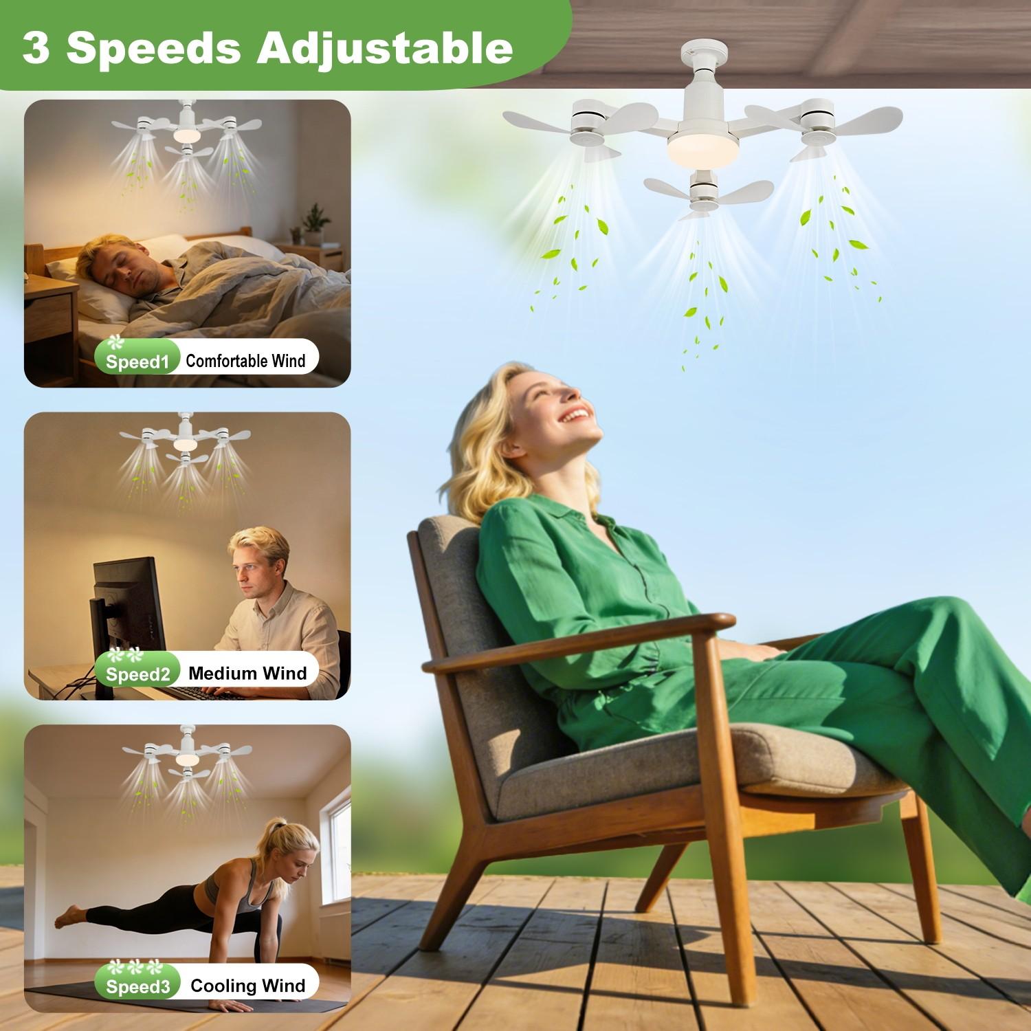 Ceiling Fan Light, E27 Socket, 3 Heads 9 Blades, Remote Control, Adjustable Brightness 3000k-6000k, 3 Speeds with Memory, Energy Saving