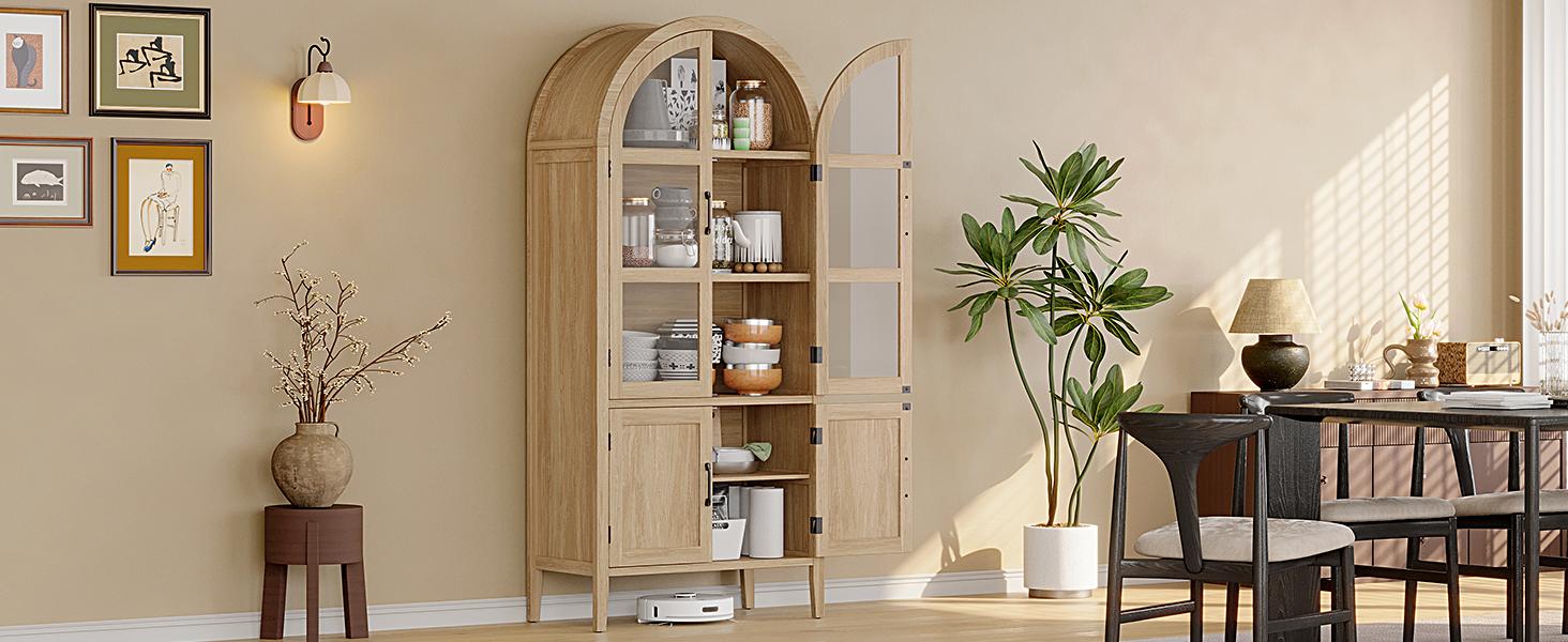 【SPOTLIGHT DAY】ONBRILL 71" Tall Arched Cabinet, 5-Tier Arched Kitchen Pantry with Glass Doors & Shelves, Modern Display Arch Cabinet with Adjustable Feet, Wooden Pantry for Living Room, Dining Room