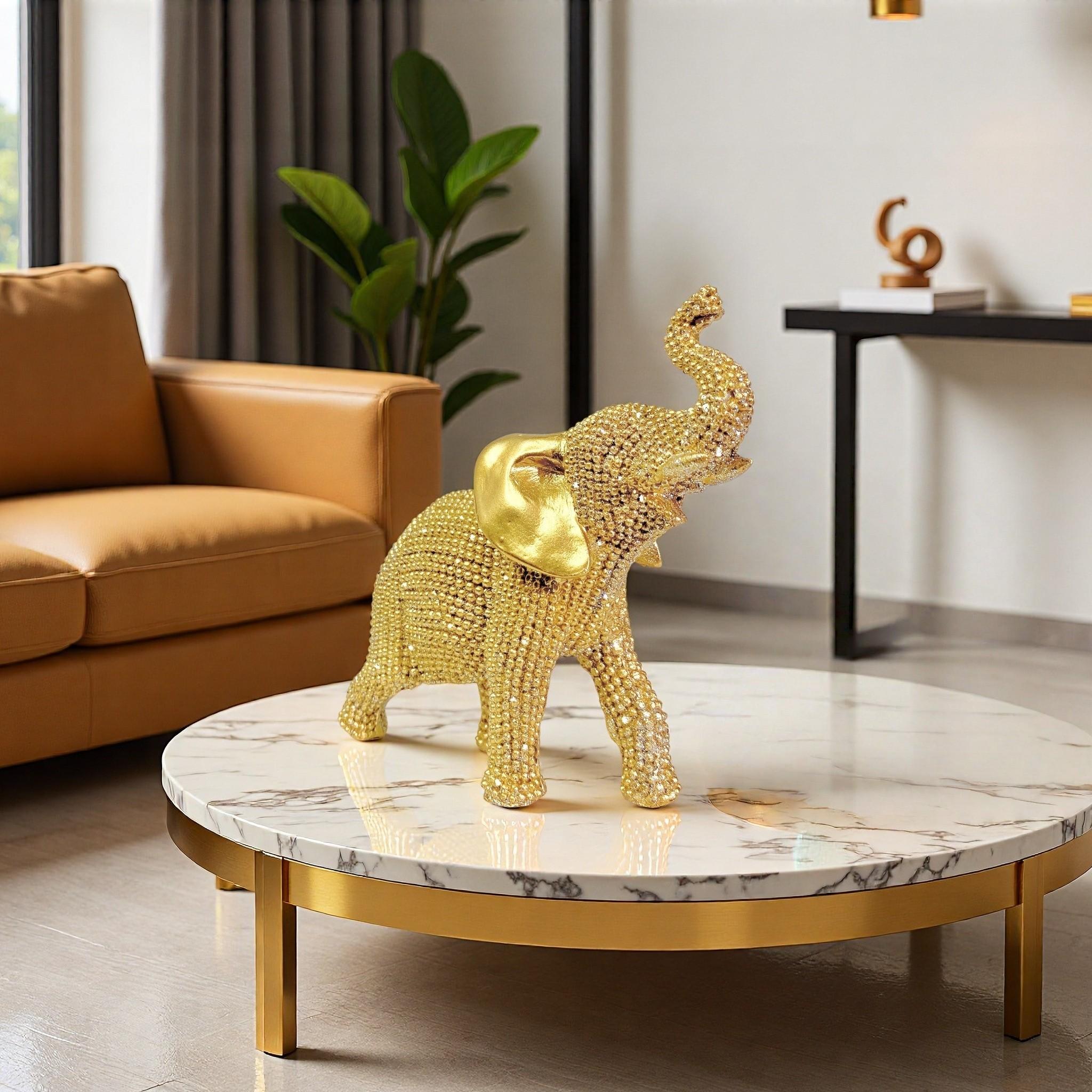 1pc Golden Beaded Elephant Statue & Luxury Rhinestone Figurine for Living Room, Home Office, Entryway - Elegant Feng Shui Decor, Glamorous Gift for Homeowners - Sparkling, Handcrafted, Ornament