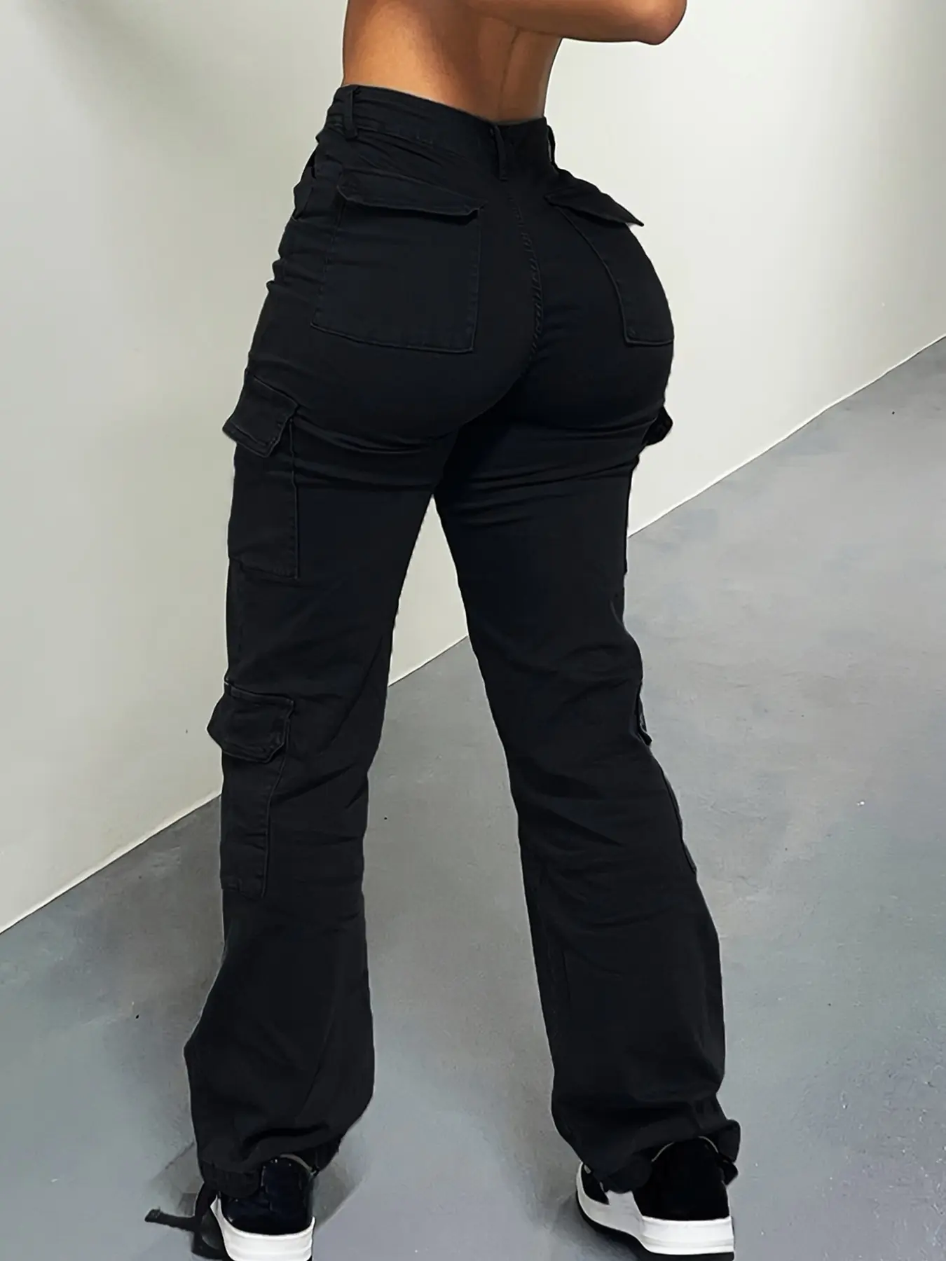 High-Waisted Drawstring Cotton Cargo Pants for Women, Y2K Korean Street Style, Plain Multi-Pocket Design, Casual All-Season Basic