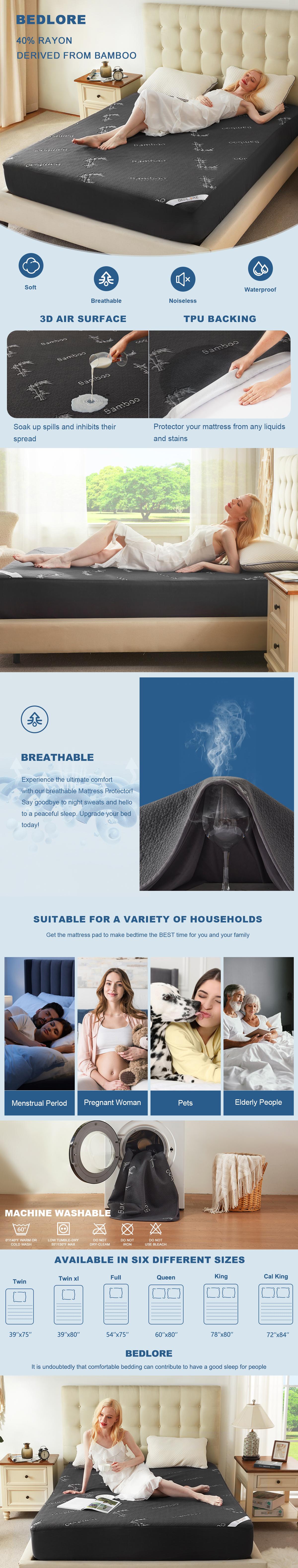 [BEDLORE]  Bamboo leaves  Dark waterproof fitted sheet for winter, dustproof breathable bed sheet with deep pockets, bedding for home, hotel, school