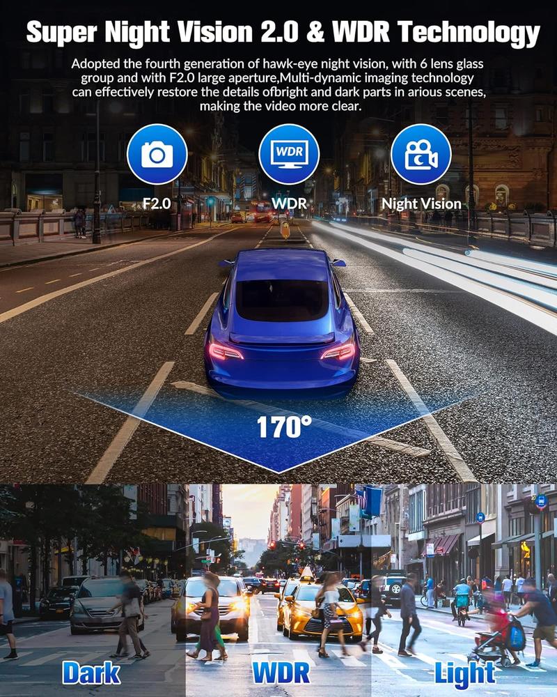 Dash Camera for Cars,4K Full UHD Car Camera Front Rear with Free 32GB SD Card,Built-in Super Night Vision,2.0'' IPS Screen,170°Wide Angle,WDR, 24H Parking Mode, Loop Recording，driving recorder，keep on driving，trafficCamera，dashCam，dash cam videos 4K
